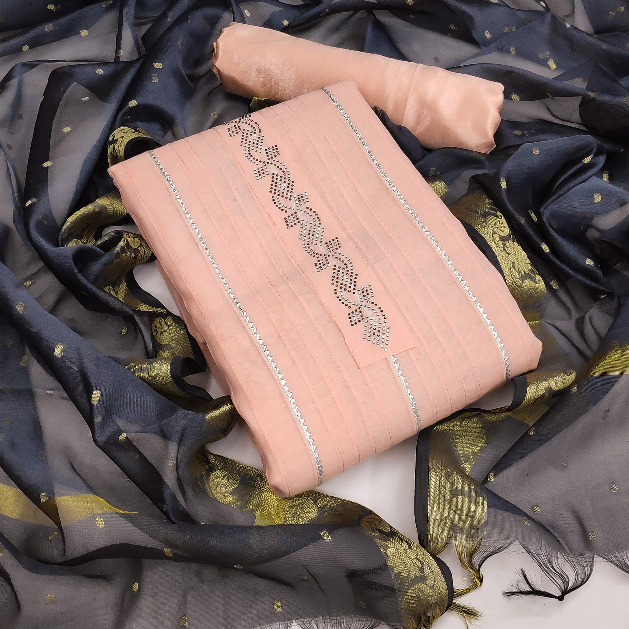 Peach Festive Wear Embellished With Gotta Work Chanderi Dress Material - Peachmode