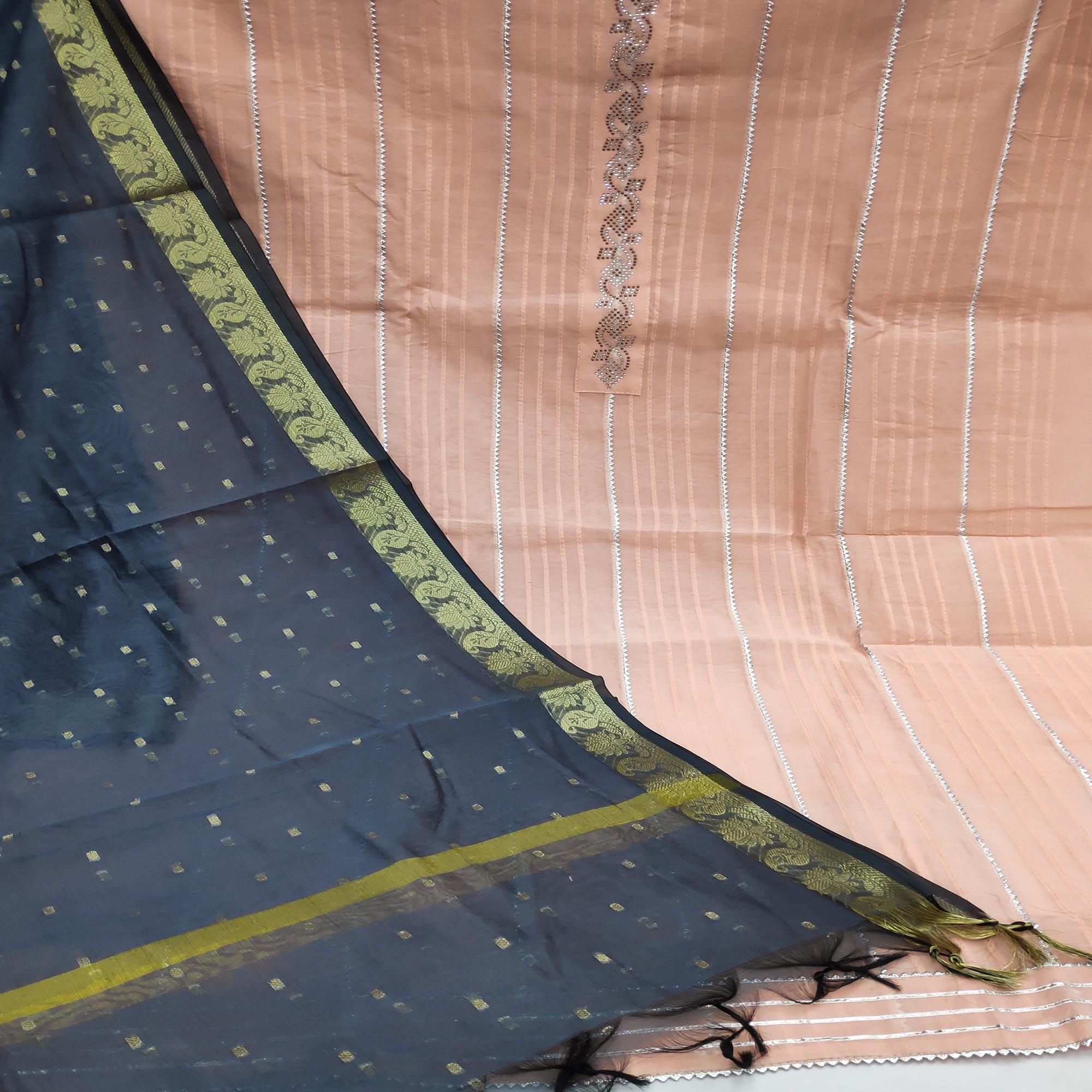 Peach Festive Wear Embellished With Gotta Work Chanderi Dress Material - Peachmode