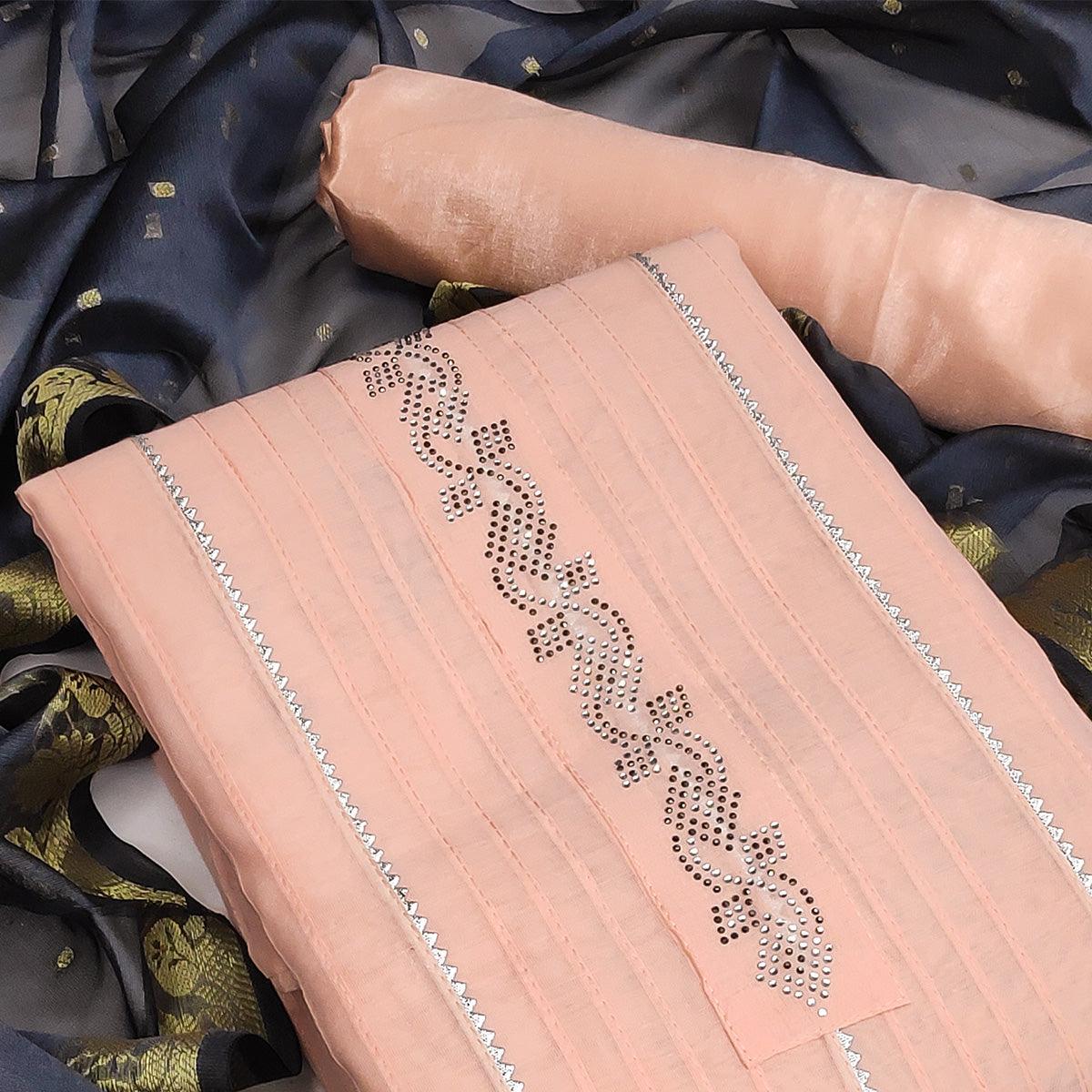 Peach Festive Wear Embellished With Gotta Work Chanderi Dress Material - Peachmode