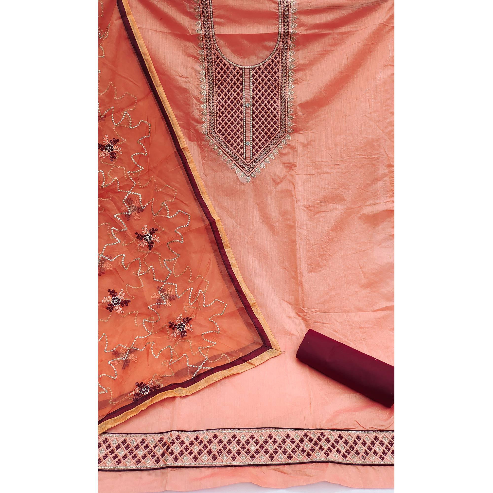 Peach Festive Wear Embroidered Chanderi Dress Material - Peachmode