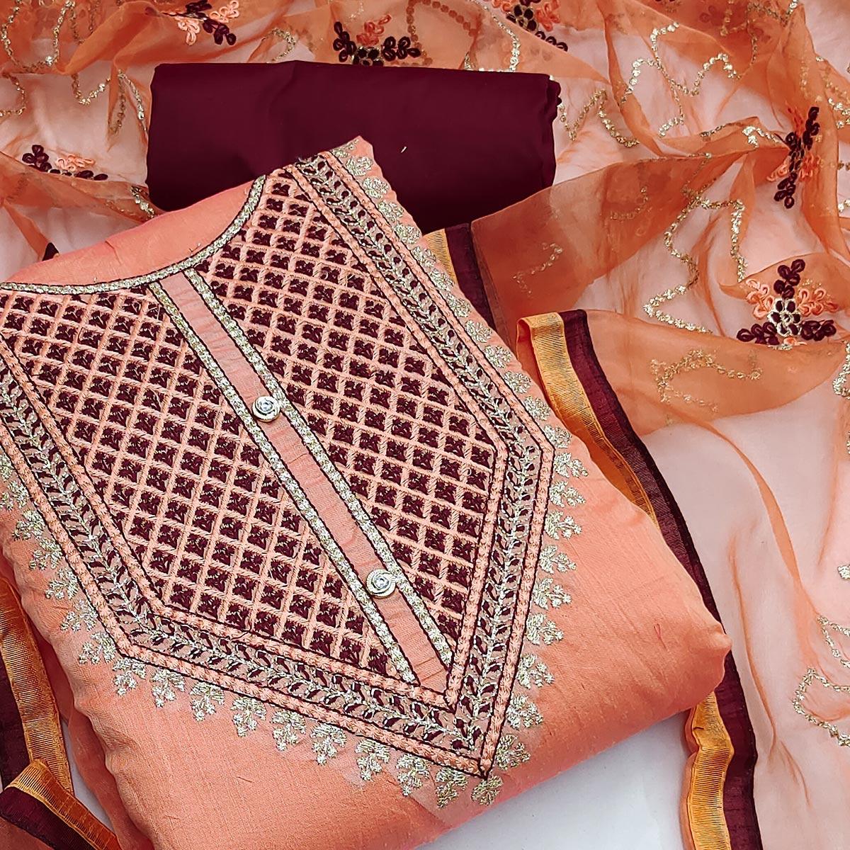 Peach Festive Wear Embroidered Chanderi Dress Material - Peachmode