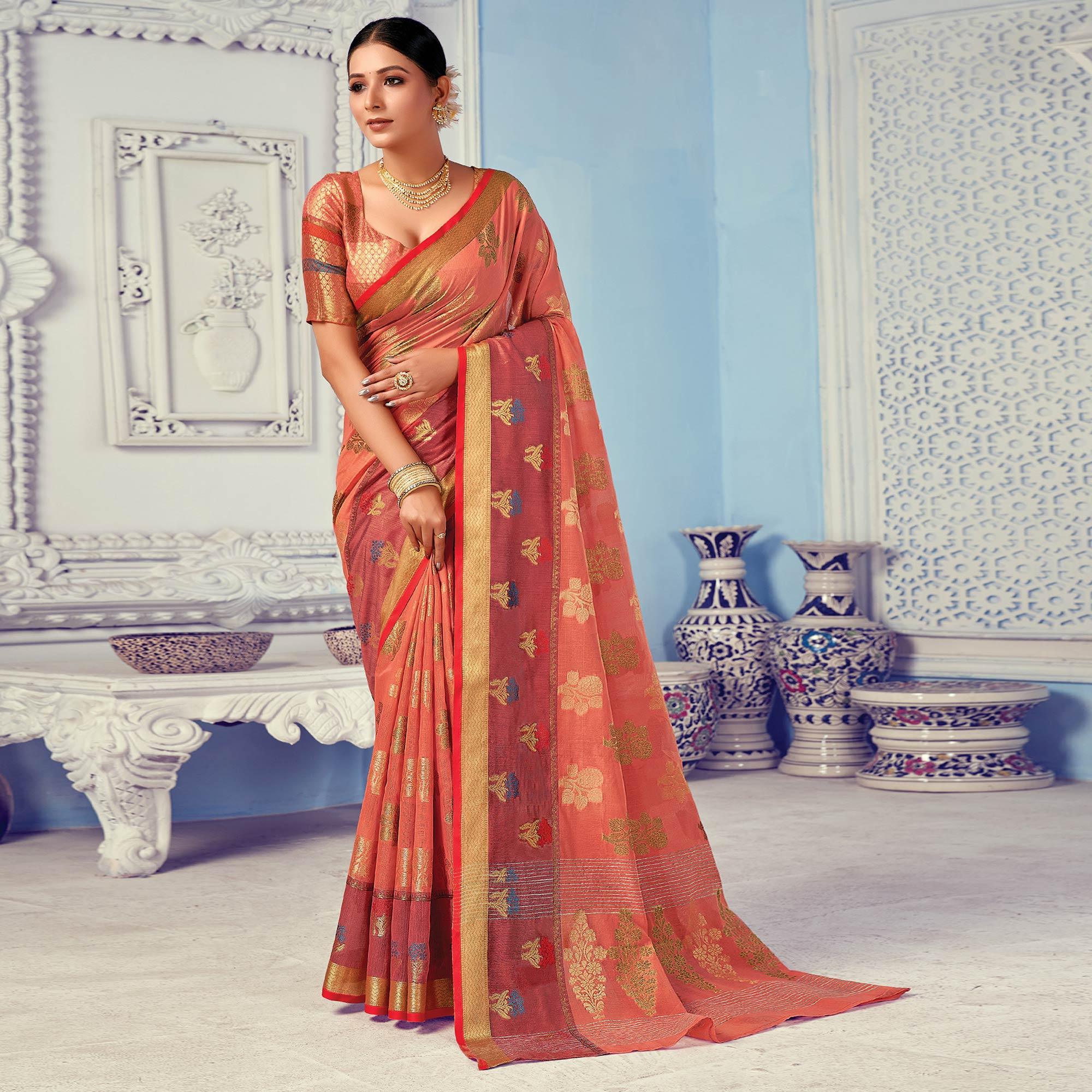 Peach Festive Wear Embroidered Cotton Handloom Saree - Peachmode