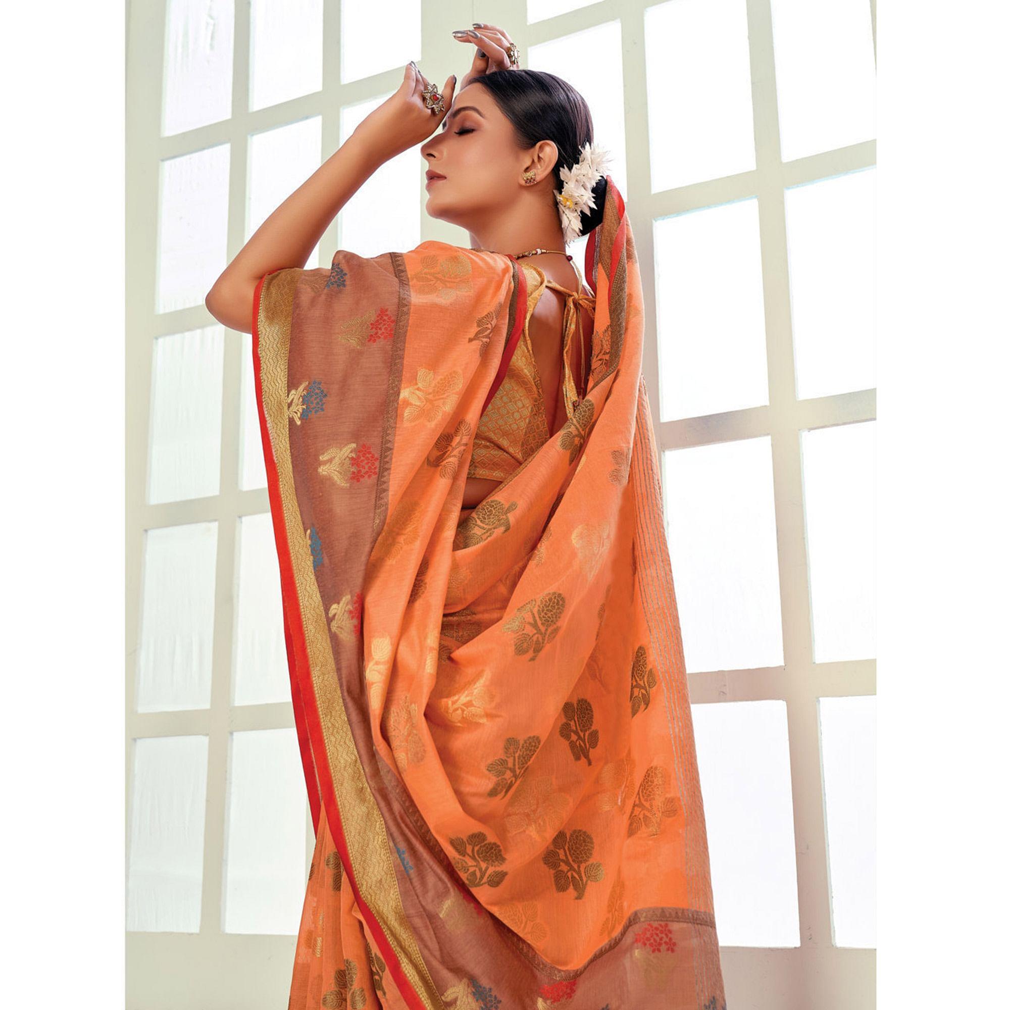 Peach Festive Wear Embroidered Cotton Handloom Saree - Peachmode