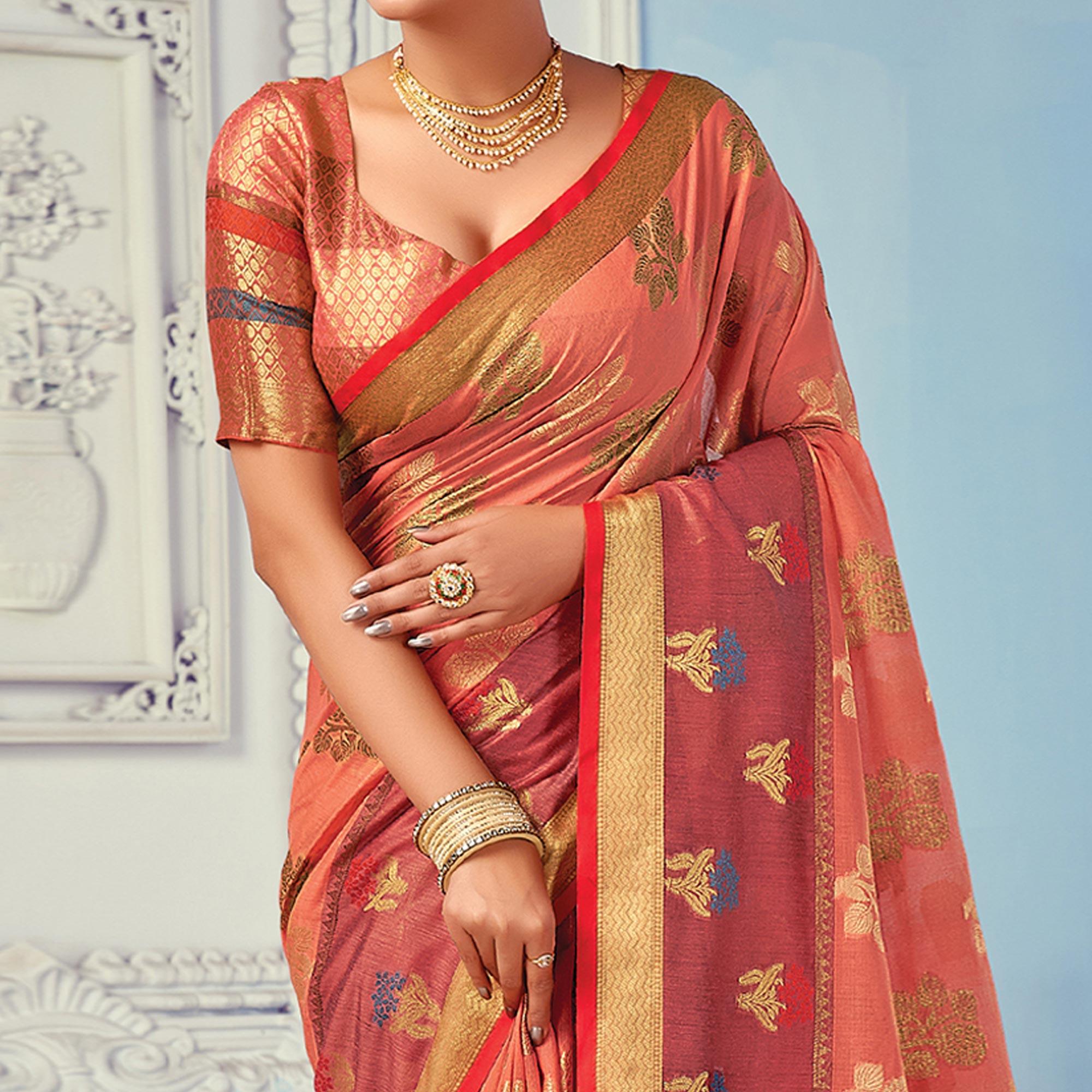 Peach Festive Wear Embroidered Cotton Handloom Saree - Peachmode