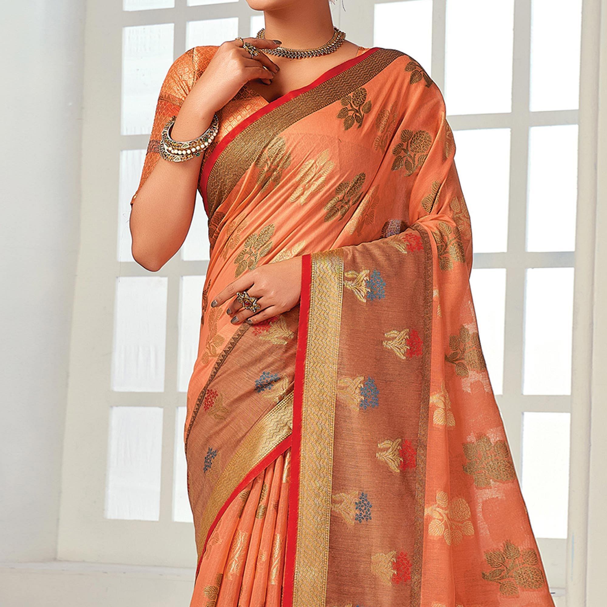 Peach Festive Wear Embroidered Cotton Handloom Saree - Peachmode