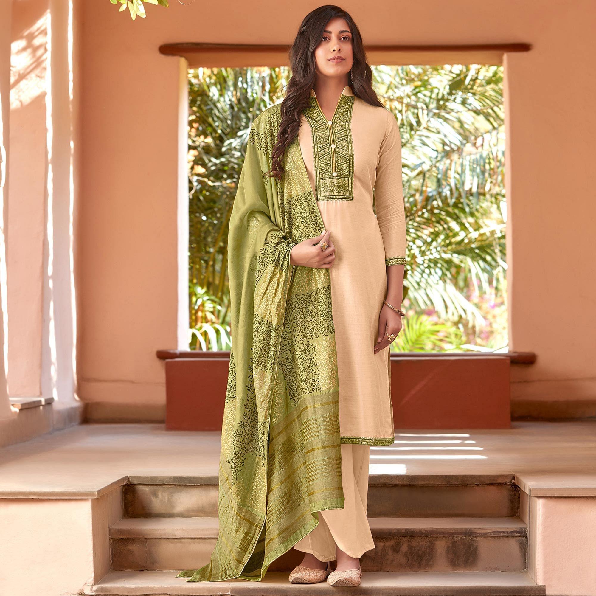 Peach Festive Wear Embroidered Viscose Cotton Silk Salwar Suit - Peachmode