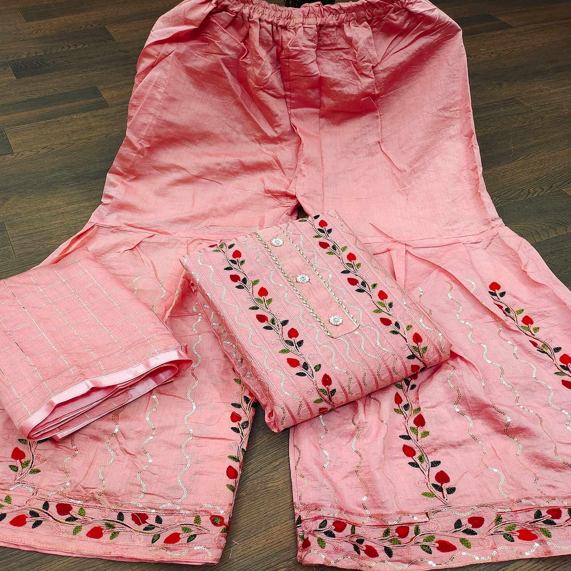Peach Festive Wear Embroidery With Embellished Cotton Dress Material - Peachmode