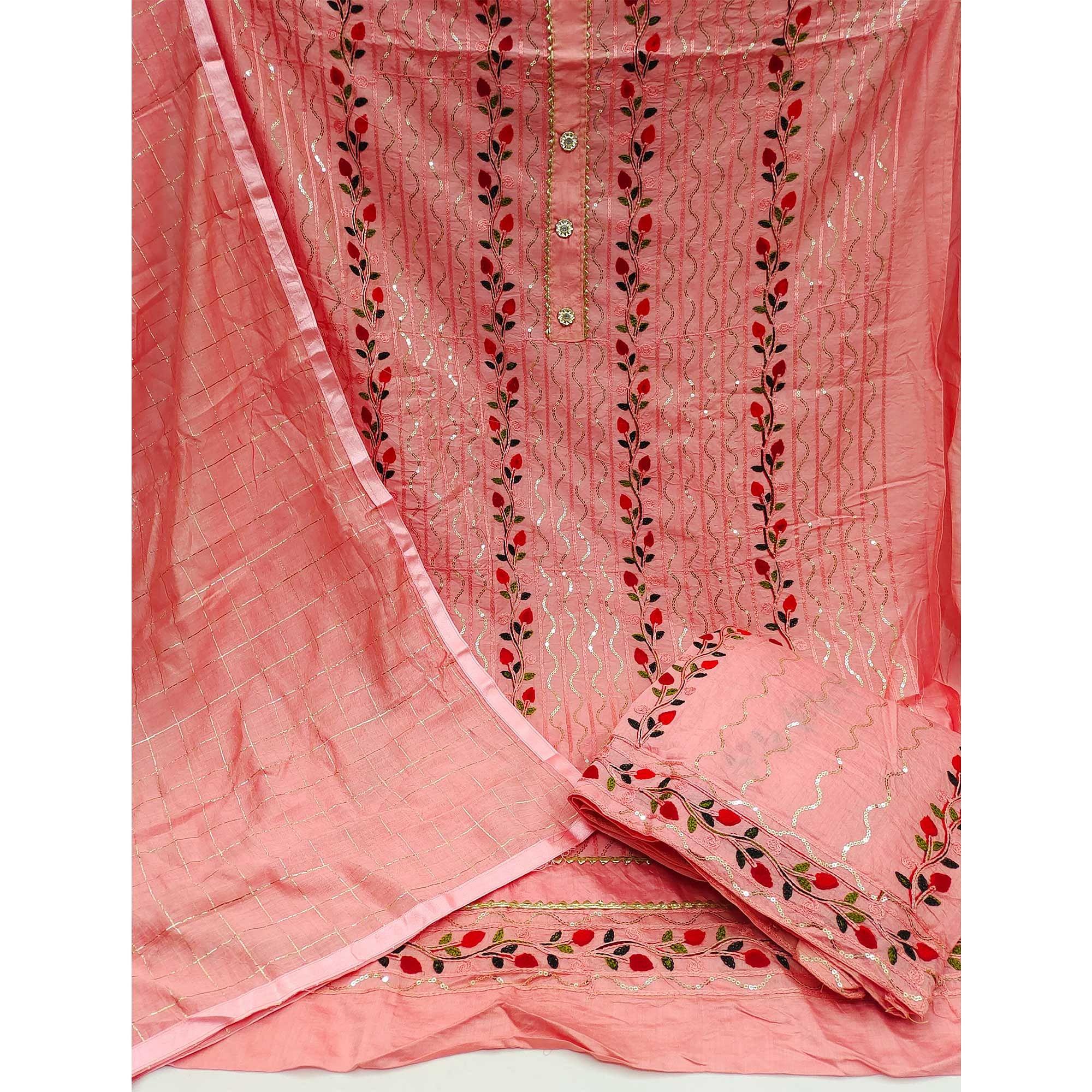 Peach Festive Wear Embroidery With Embellished Cotton Dress Material - Peachmode