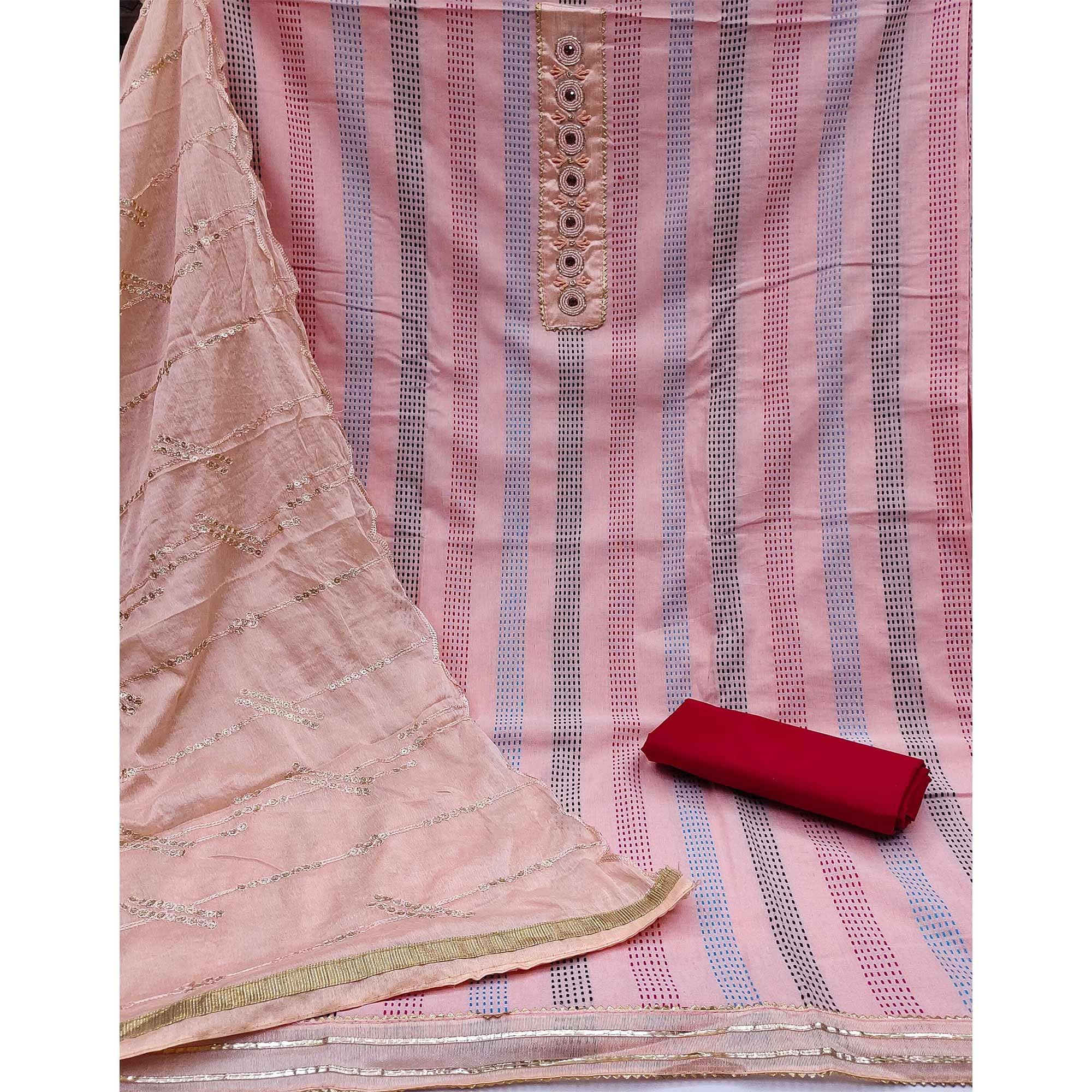 Peach Festive Wear Embroidery With Embellished Cotton Dress Material - Peachmode