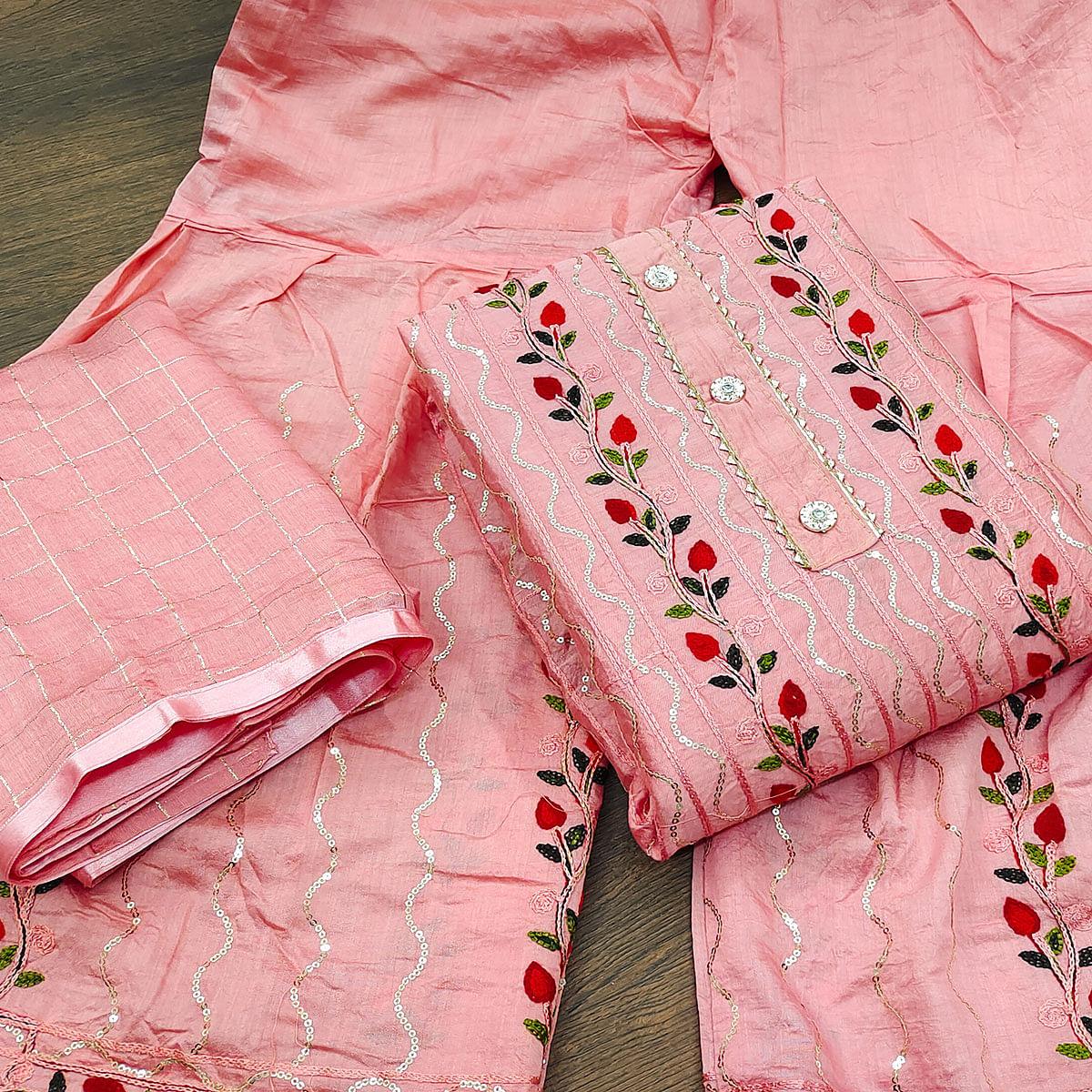 Peach Festive Wear Embroidery With Embellished Cotton Dress Material - Peachmode