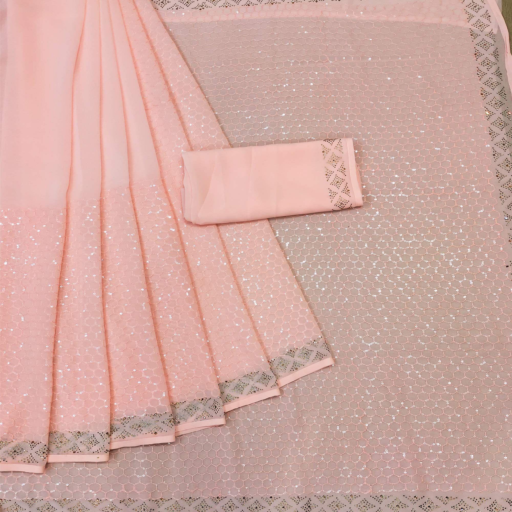 Peach Festive Wear Embroidery With Embellished Georgette Saree - Peachmode