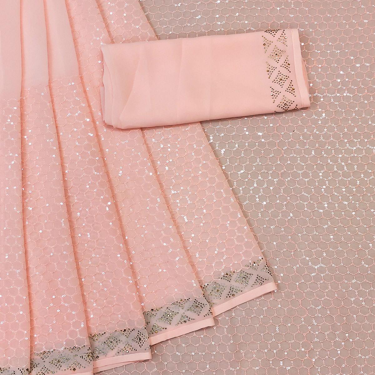 Peach Festive Wear Embroidery With Embellished Georgette Saree - Peachmode