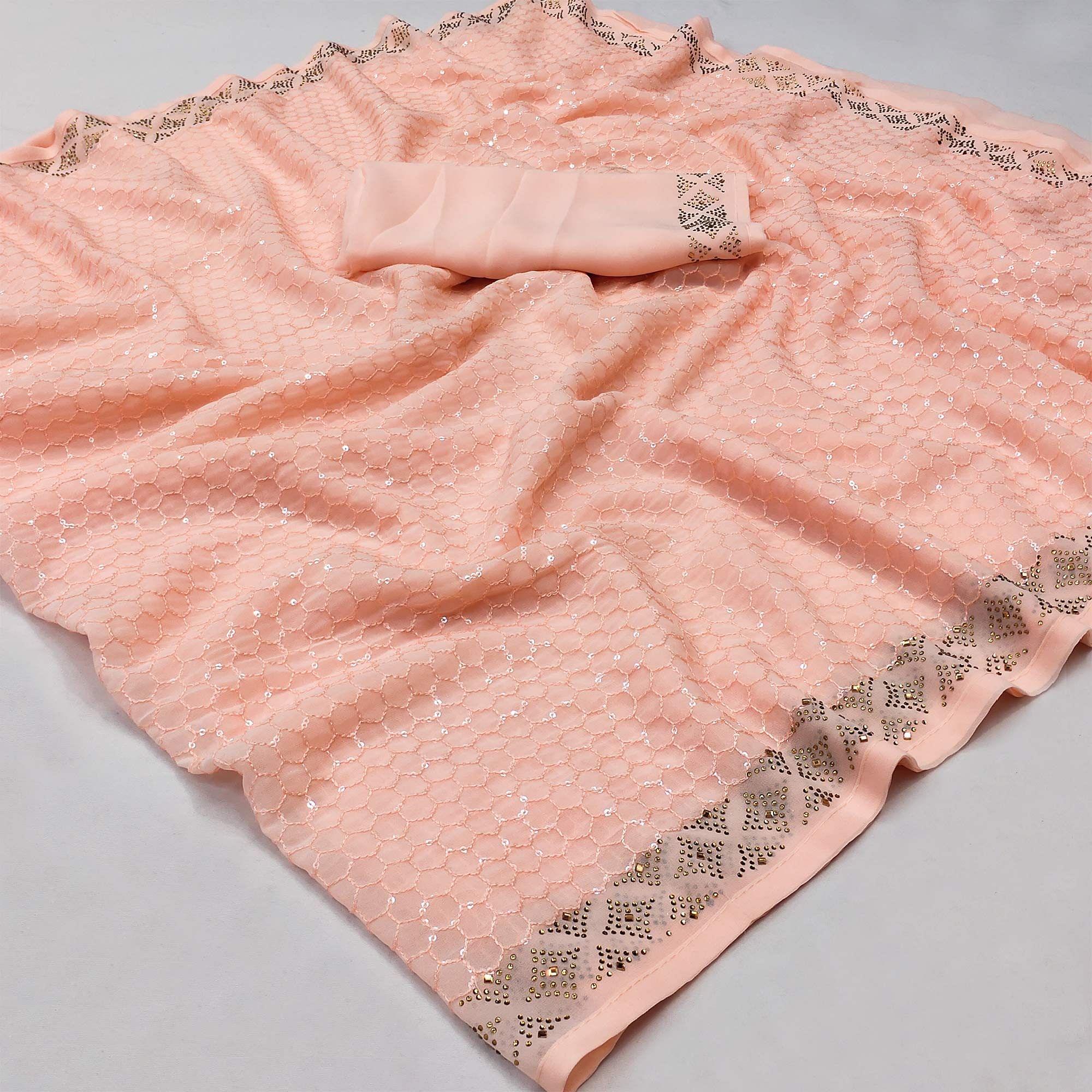 Peach Festive Wear Embroidery With Embellished Georgette Saree - Peachmode