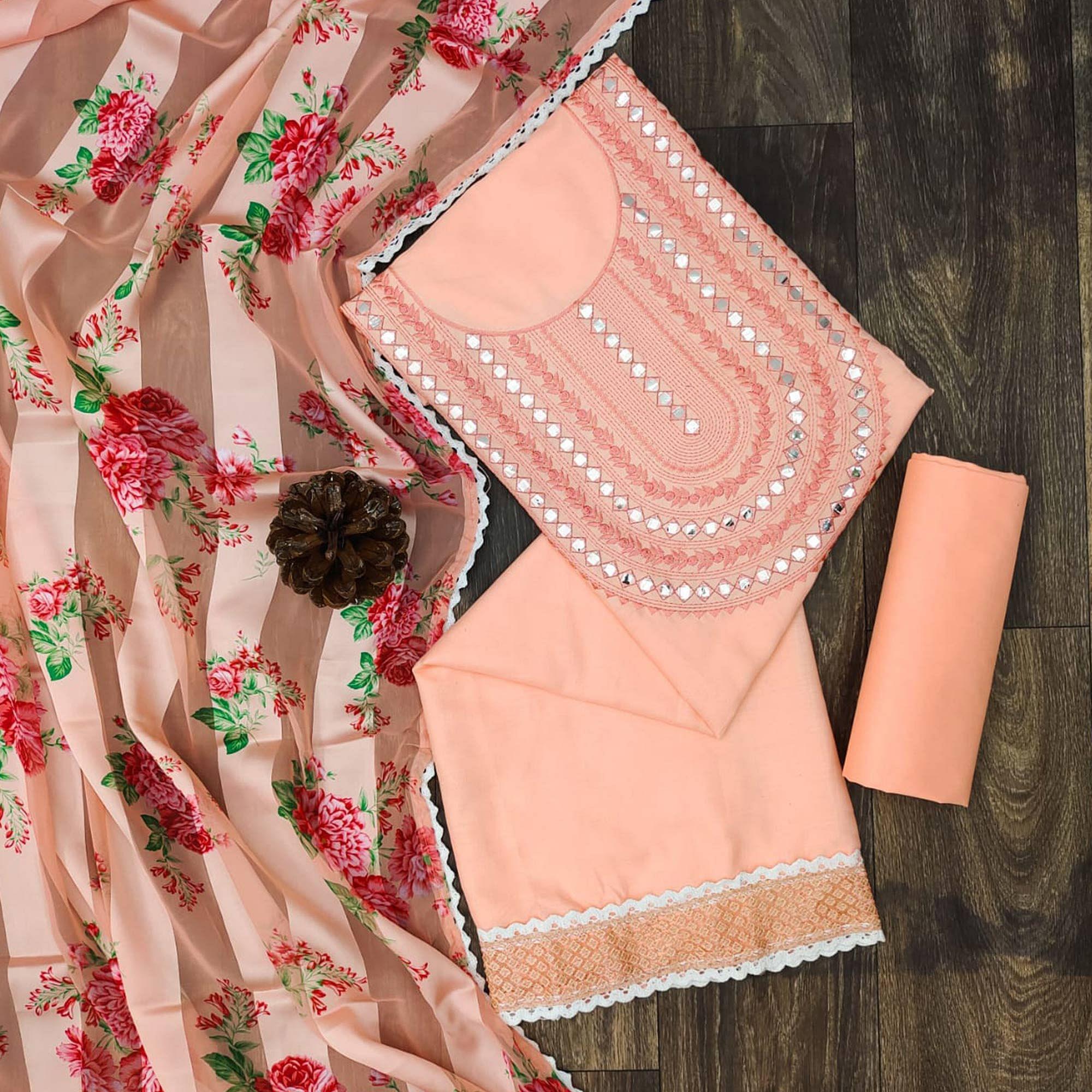 Peach Festive Wear Emebllished With Embroidered Cotton Dress Material - Peachmode