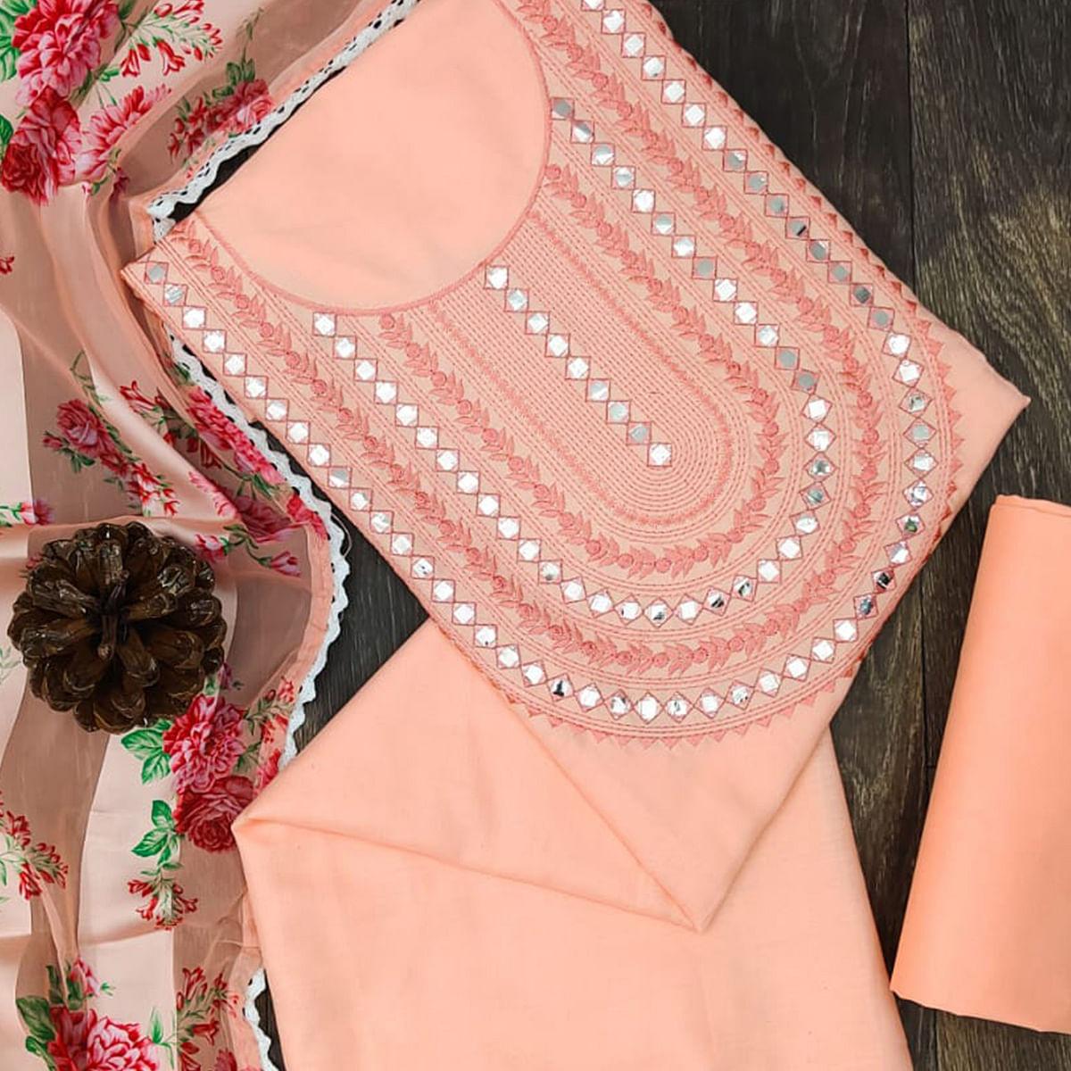 Peach Festive Wear Emebllished With Embroidered Cotton Dress Material - Peachmode