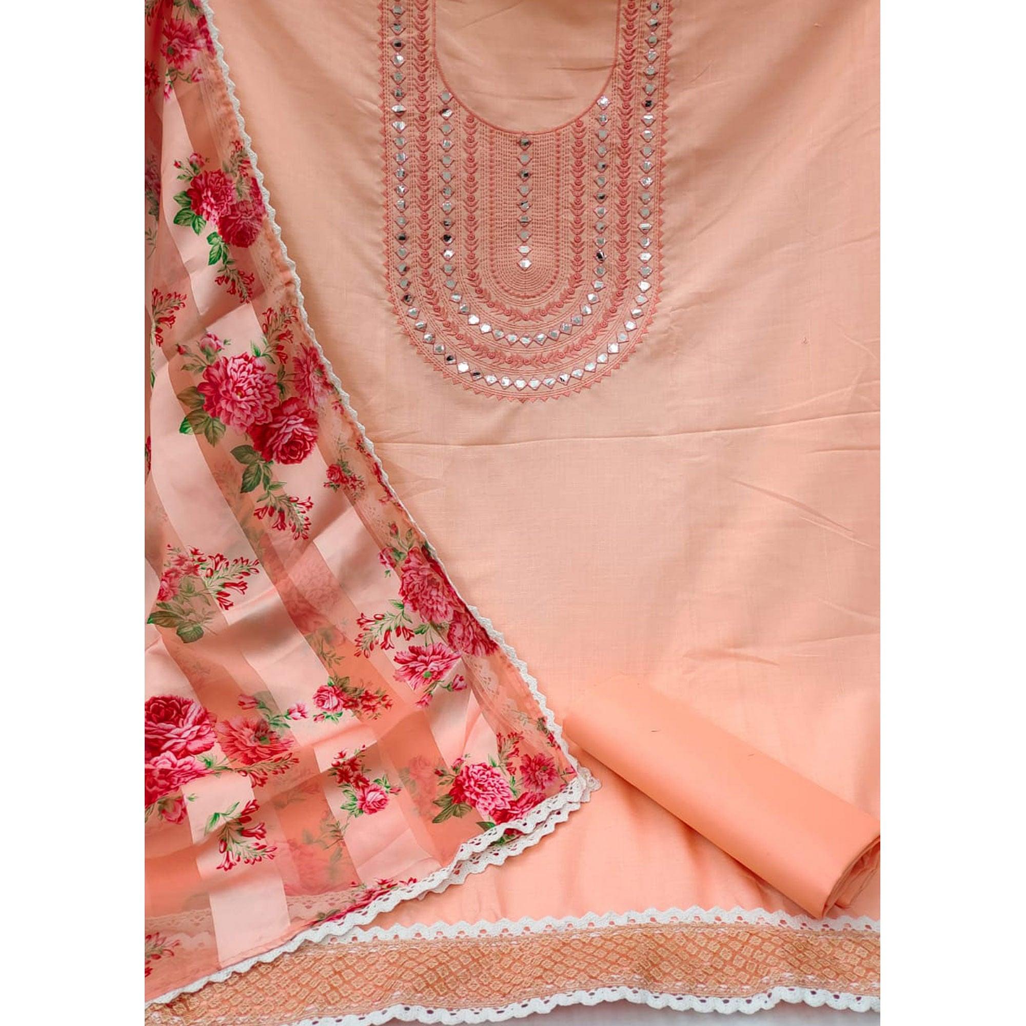 Peach Festive Wear Emebllished With Embroidered Cotton Dress Material - Peachmode