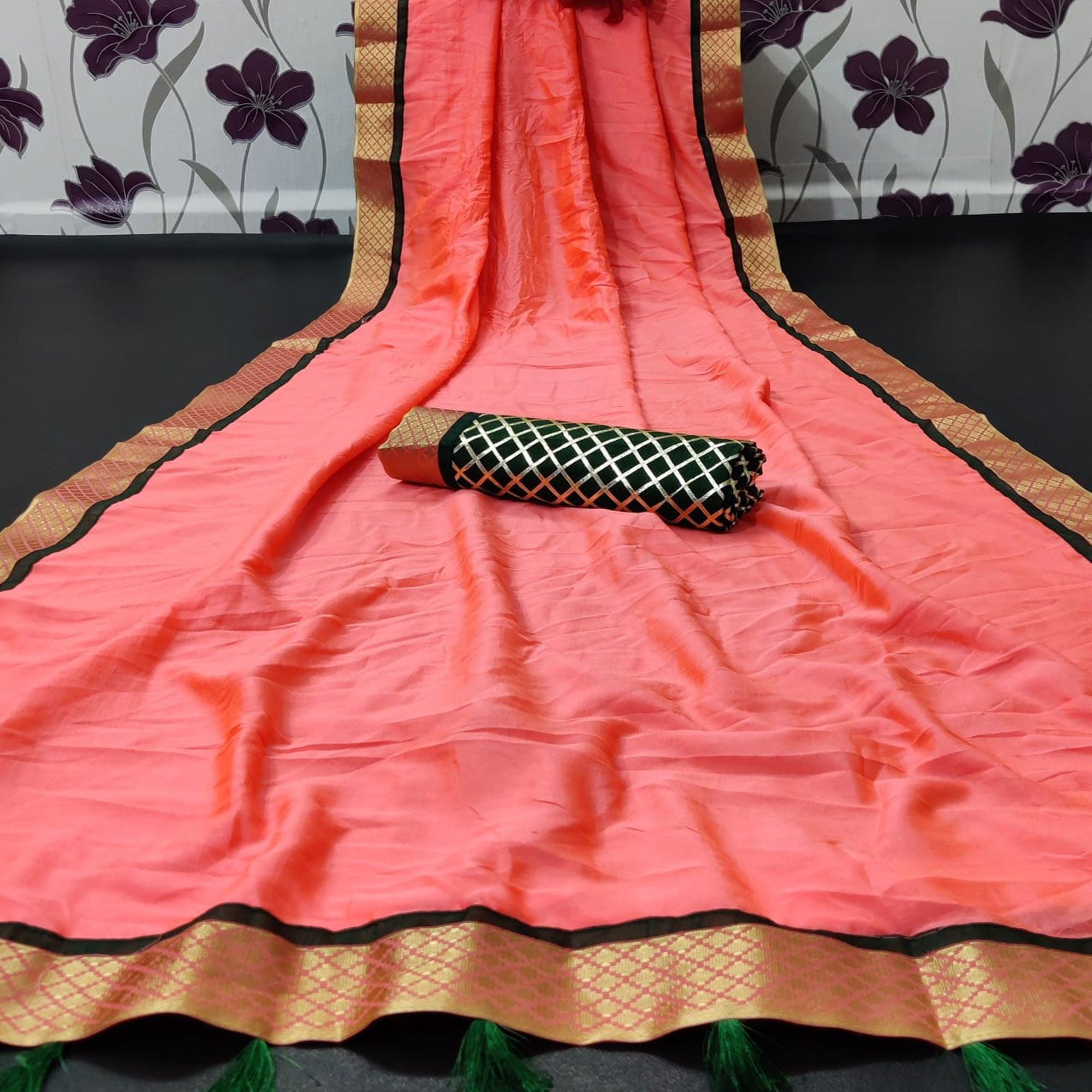 Peach Festive Wear Fancy Woven Border Silk Two Tone Saree - Peachmode