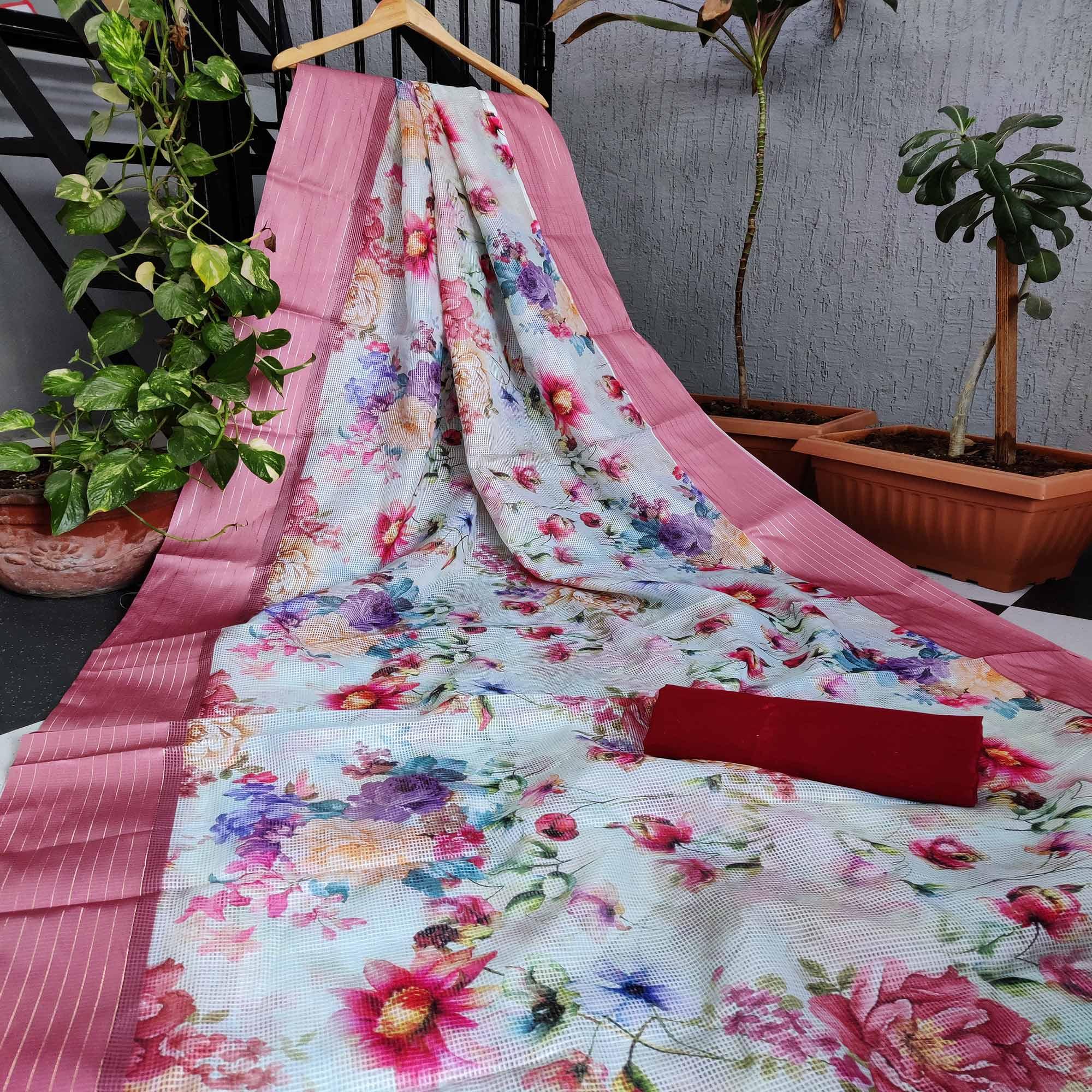 Peach Festive Wear Floral Digital Print With Woven Border Silk Saree - Peachmode