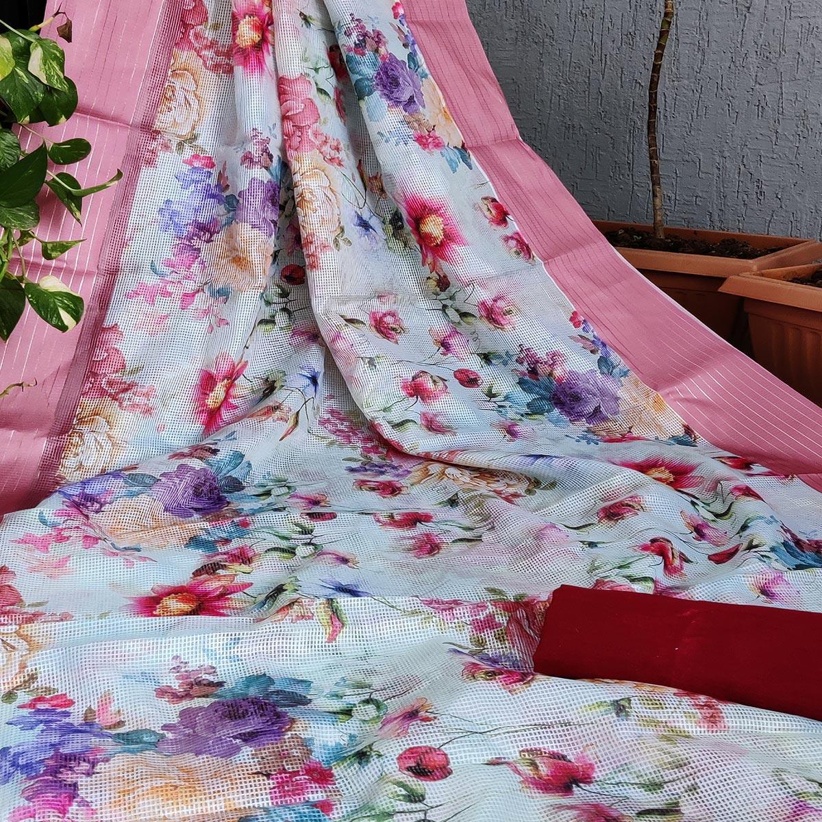 Peach Festive Wear Floral Digital Print With Woven Border Silk Saree - Peachmode