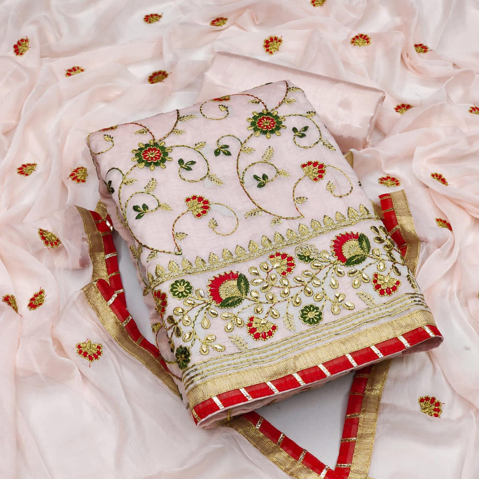 Peach Festive Wear Floral Embroidered Chanderi Dress Material - Peachmode