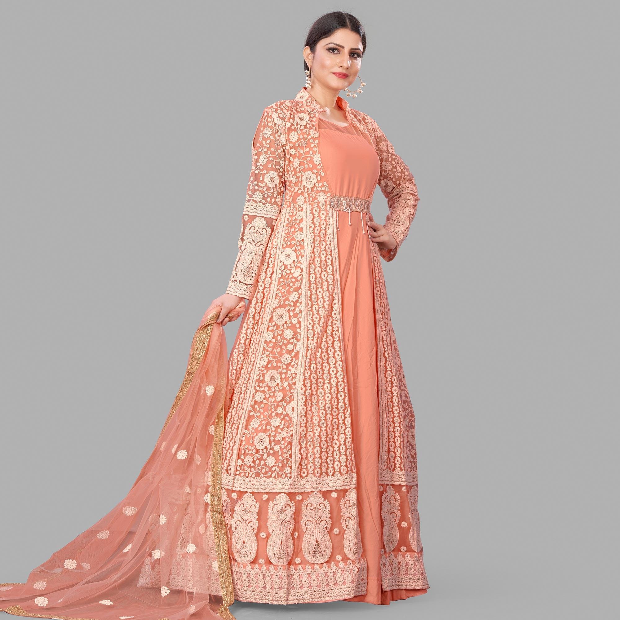 Peach Festive Wear Floral Embroidered Heavy Georgette Floor Length A Line Suit - Peachmode
