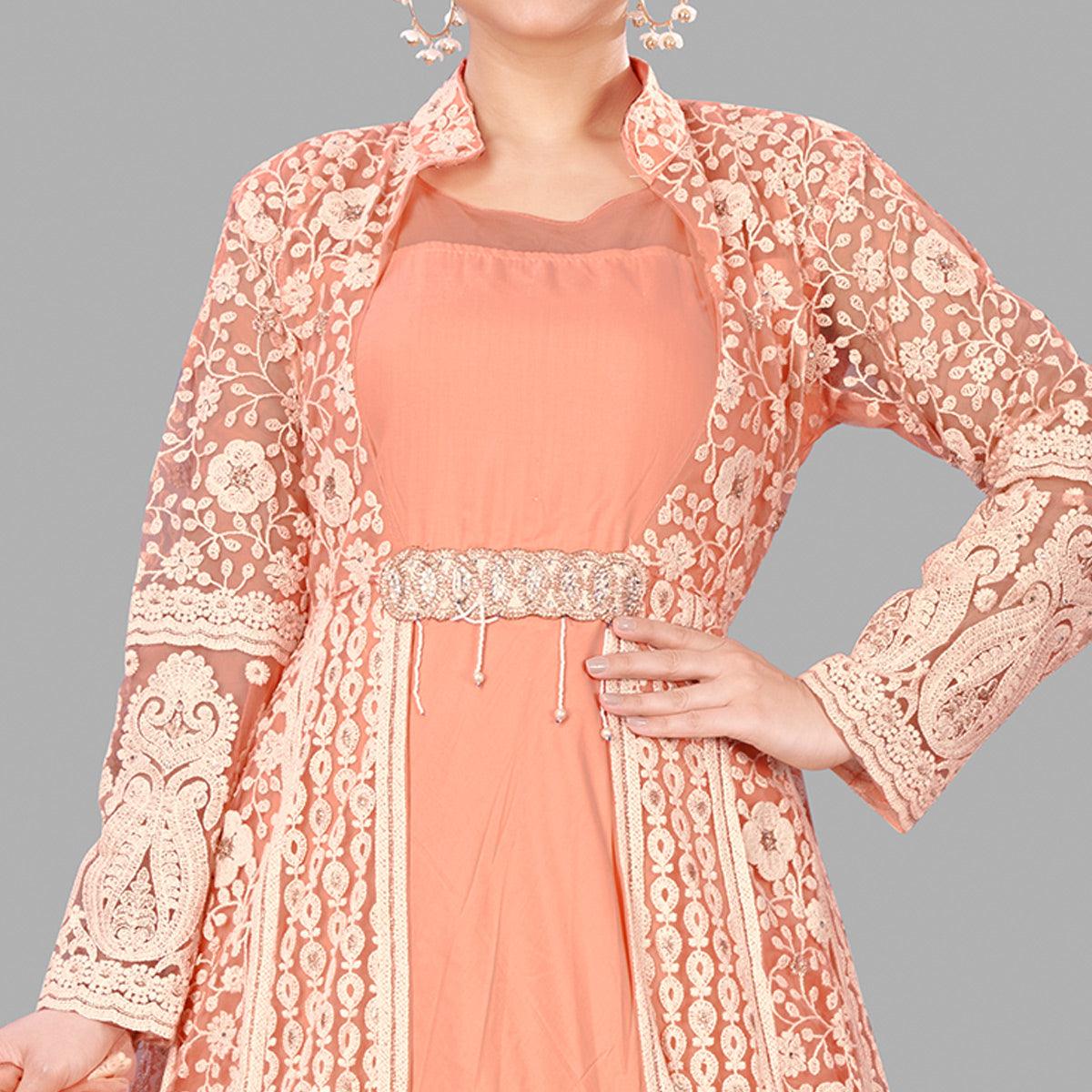 Peach Festive Wear Floral Embroidered Heavy Georgette Floor Length A Line Suit - Peachmode