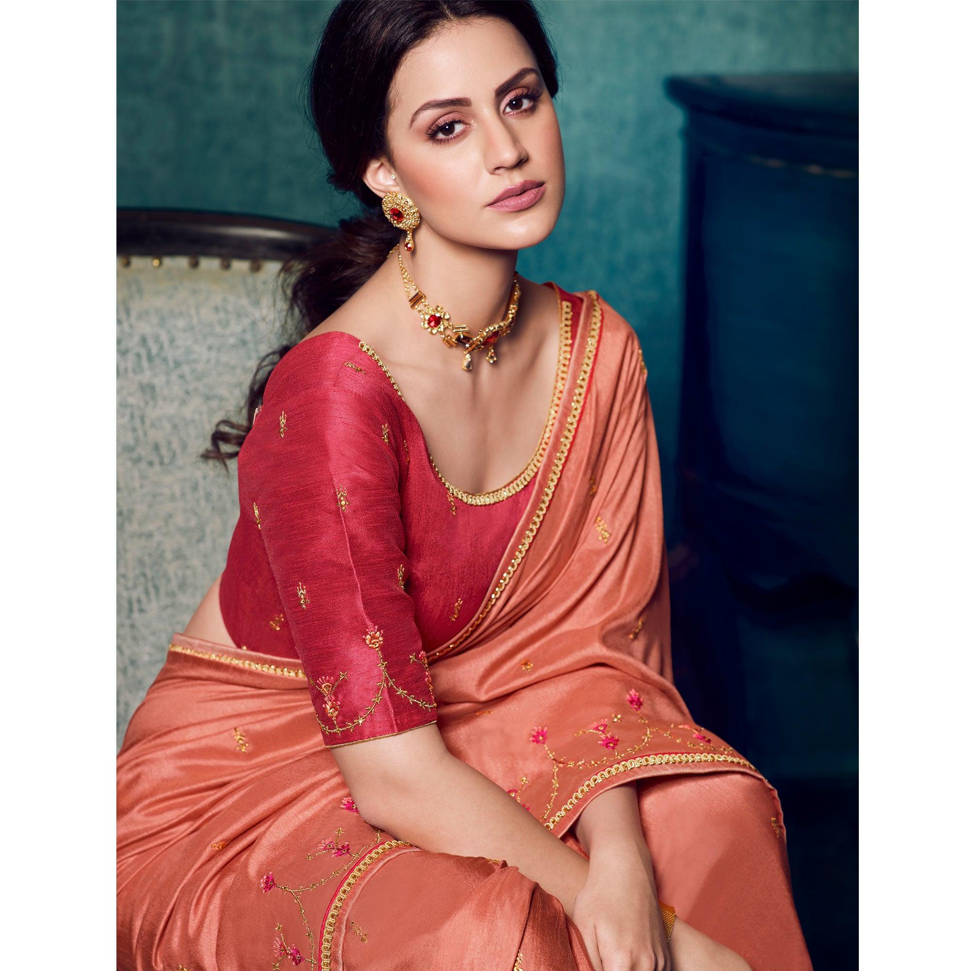 Peach Festive Wear Floral Embroidered Silk Saree - Peachmode