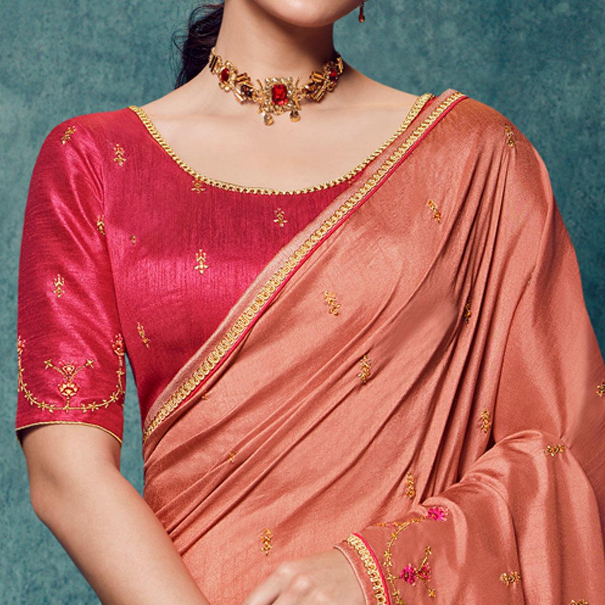 Peach Festive Wear Floral Embroidered Silk Saree - Peachmode