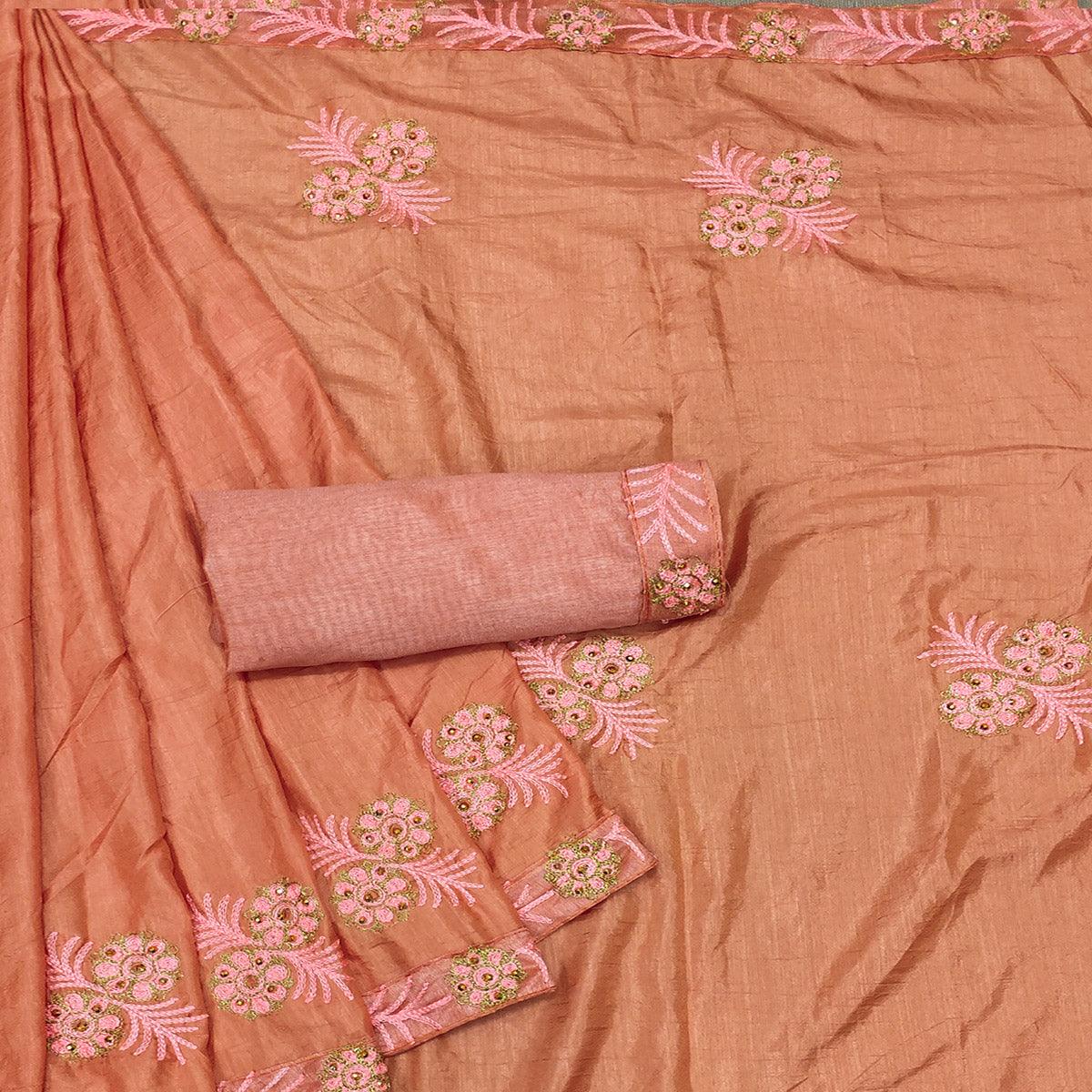 Peach Festive Wear Floral Embroidered Silk Saree - Peachmode