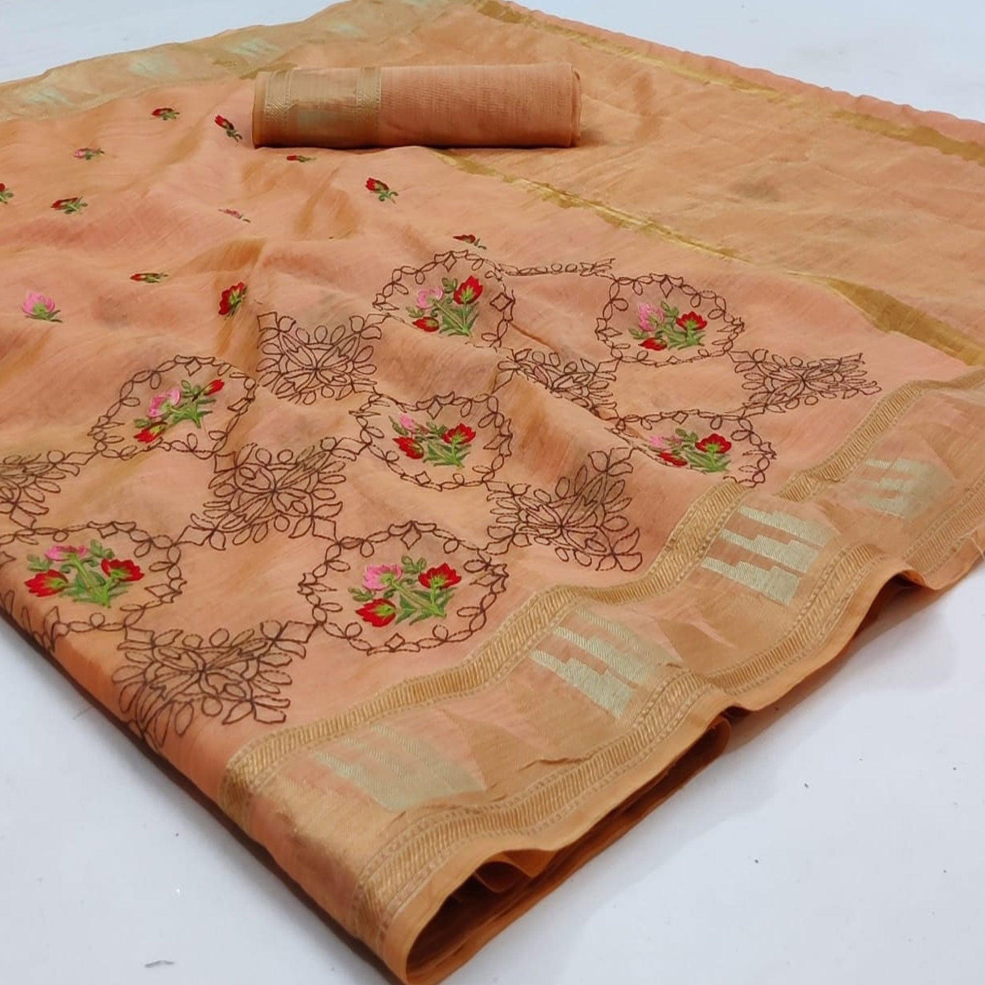 Peach Festive Wear Floral Embroidery With Woven Organza Saree - Peachmode