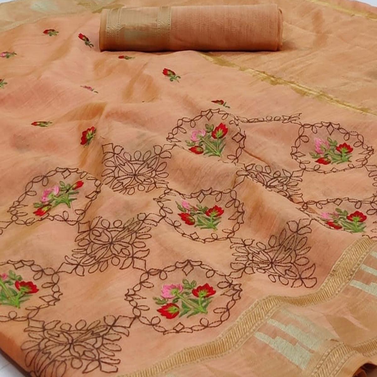 Peach Festive Wear Floral Embroidery With Woven Organza Saree - Peachmode