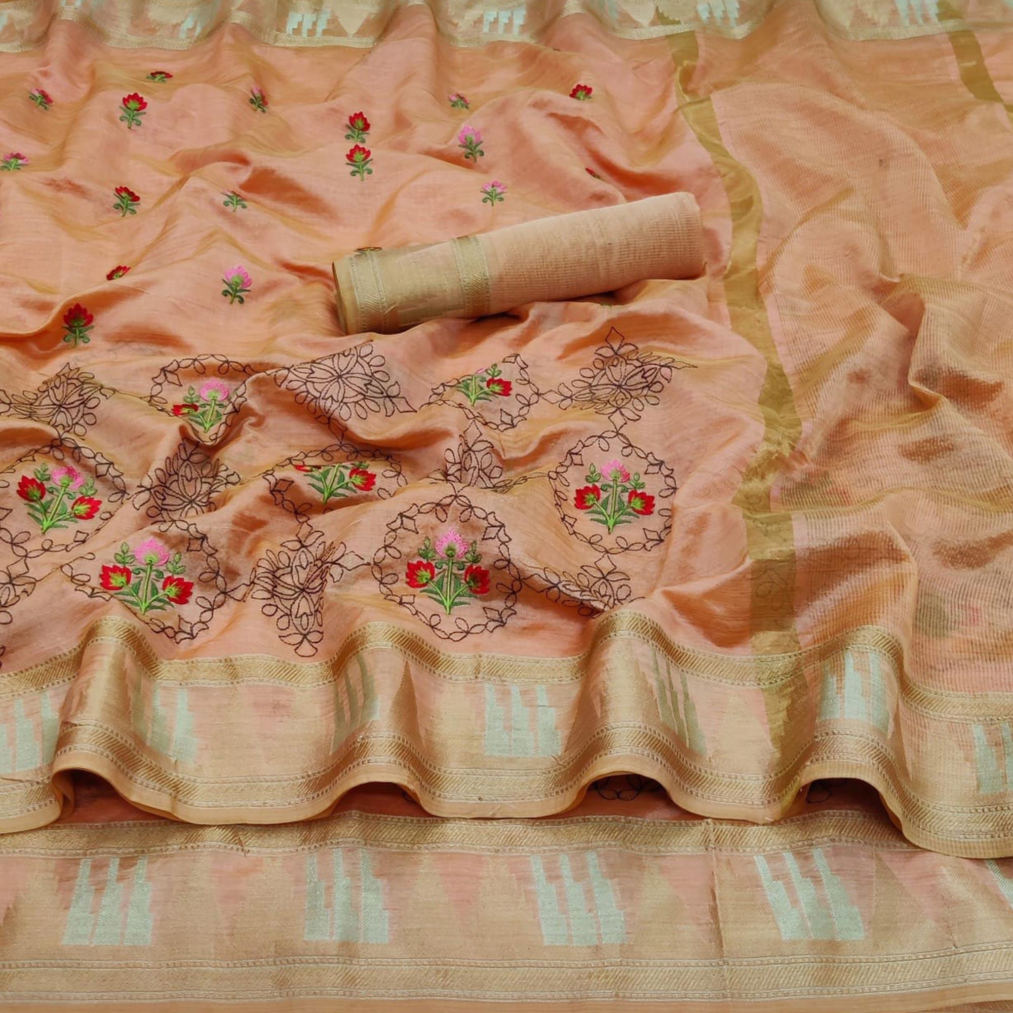 Peach Festive Wear Floral Embroidery With Woven Organza Saree - Peachmode