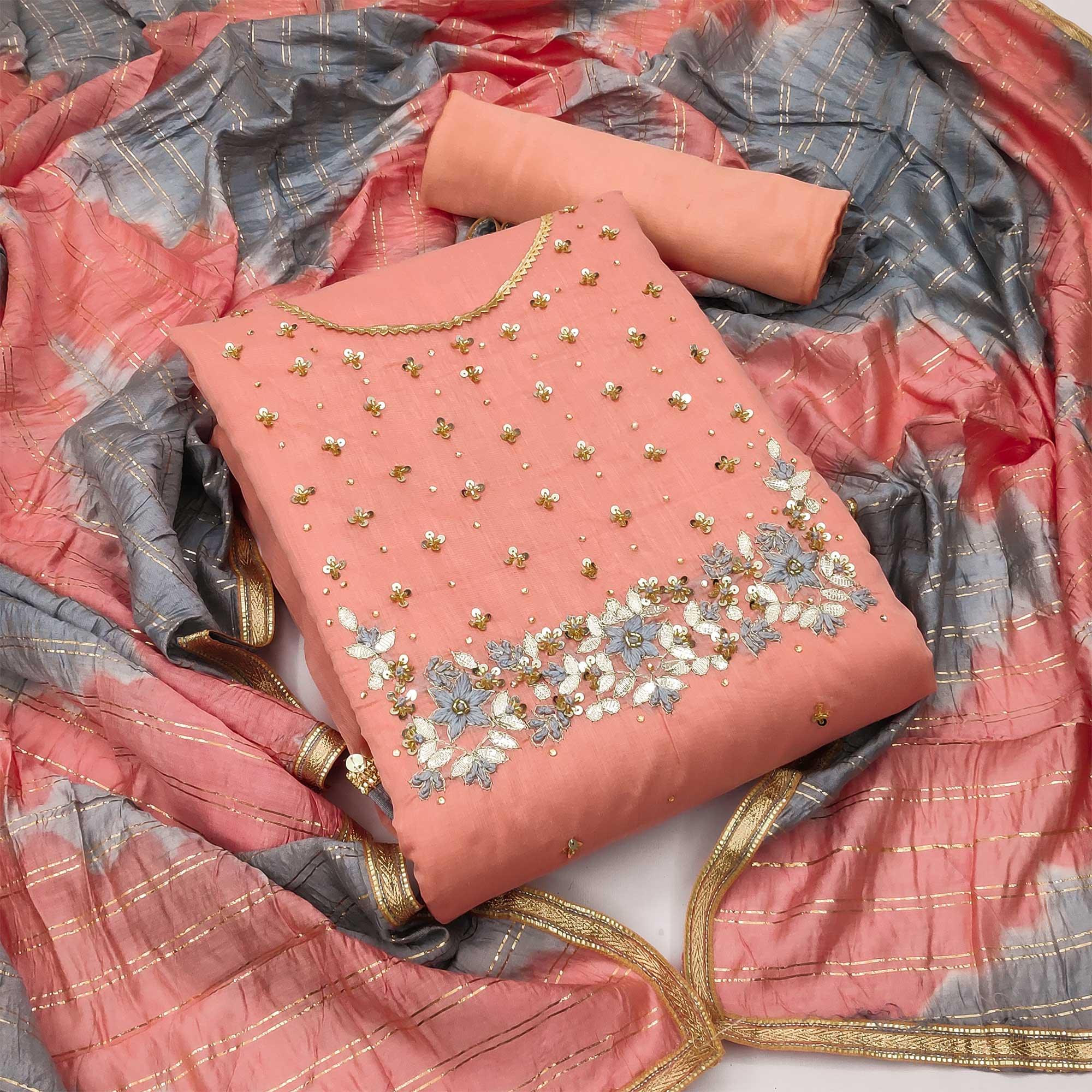 Peach Festive Wear Floral Handwork Modal Chanderi Dress Material - Peachmode