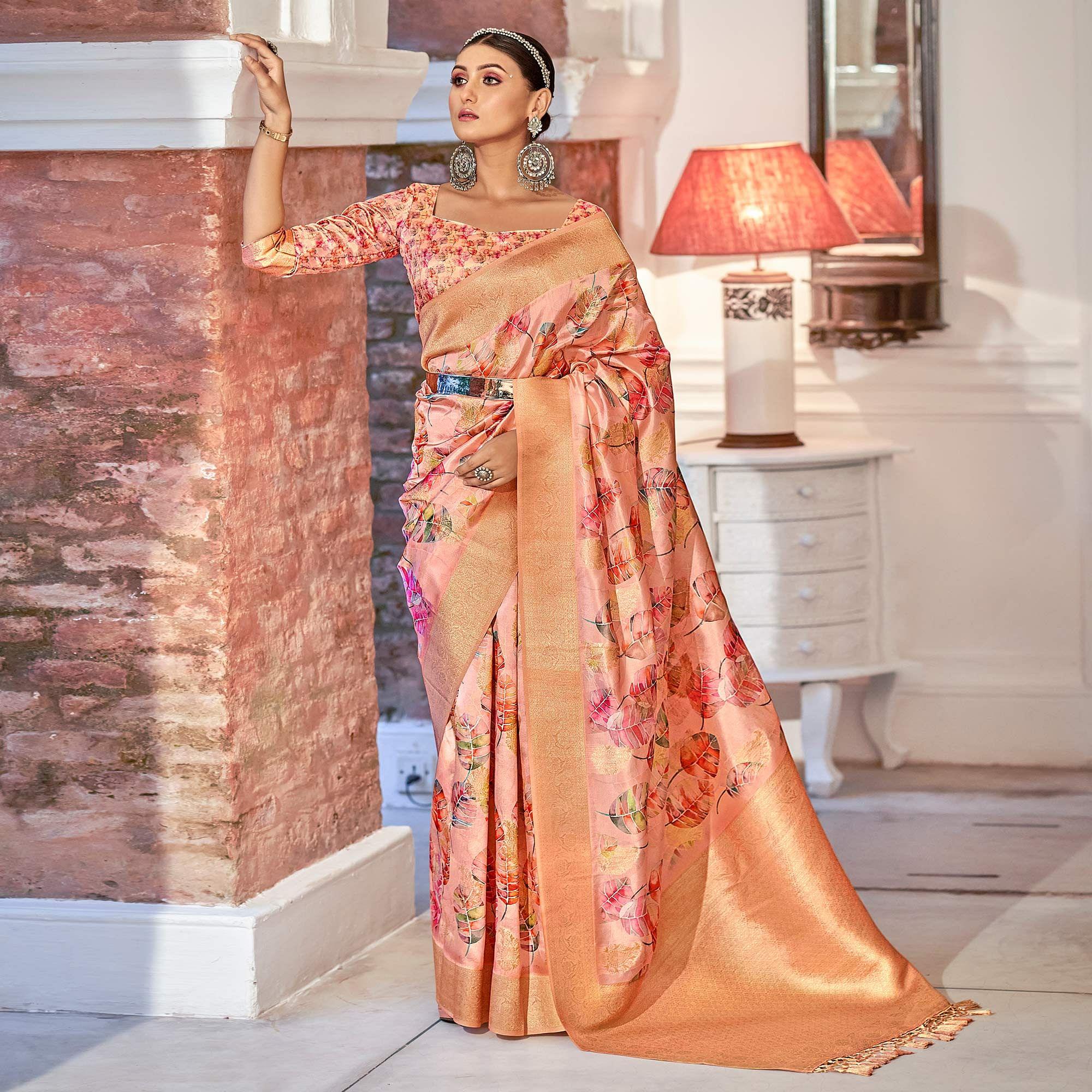 Peach Festive Wear Floral Printed With Woven With Woven Jacquard Saree - Peachmode