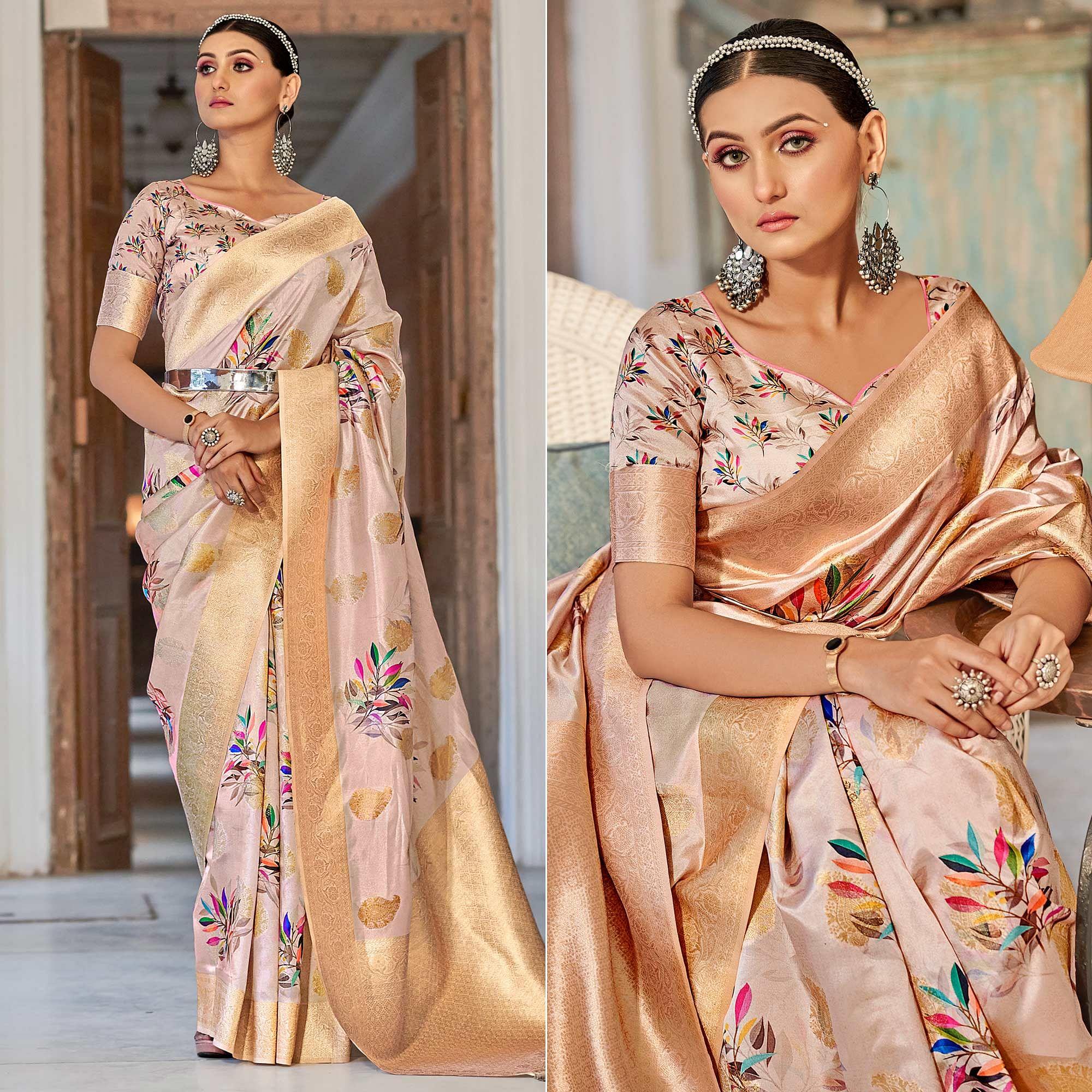 Peach Festive Wear Floral Printed With Woven With Woven Jacquard Saree - Peachmode
