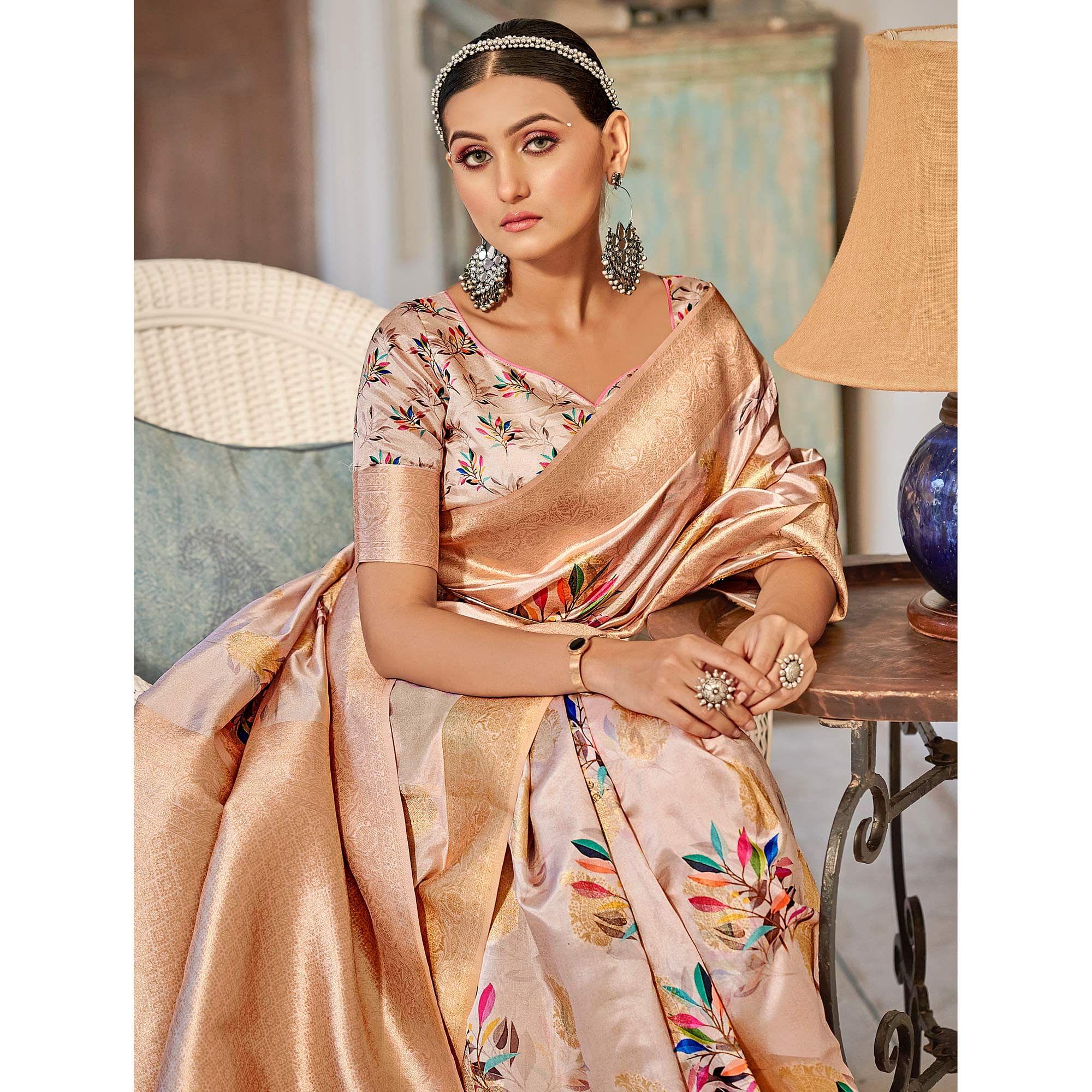 Peach Festive Wear Floral Printed With Woven With Woven Jacquard Saree - Peachmode