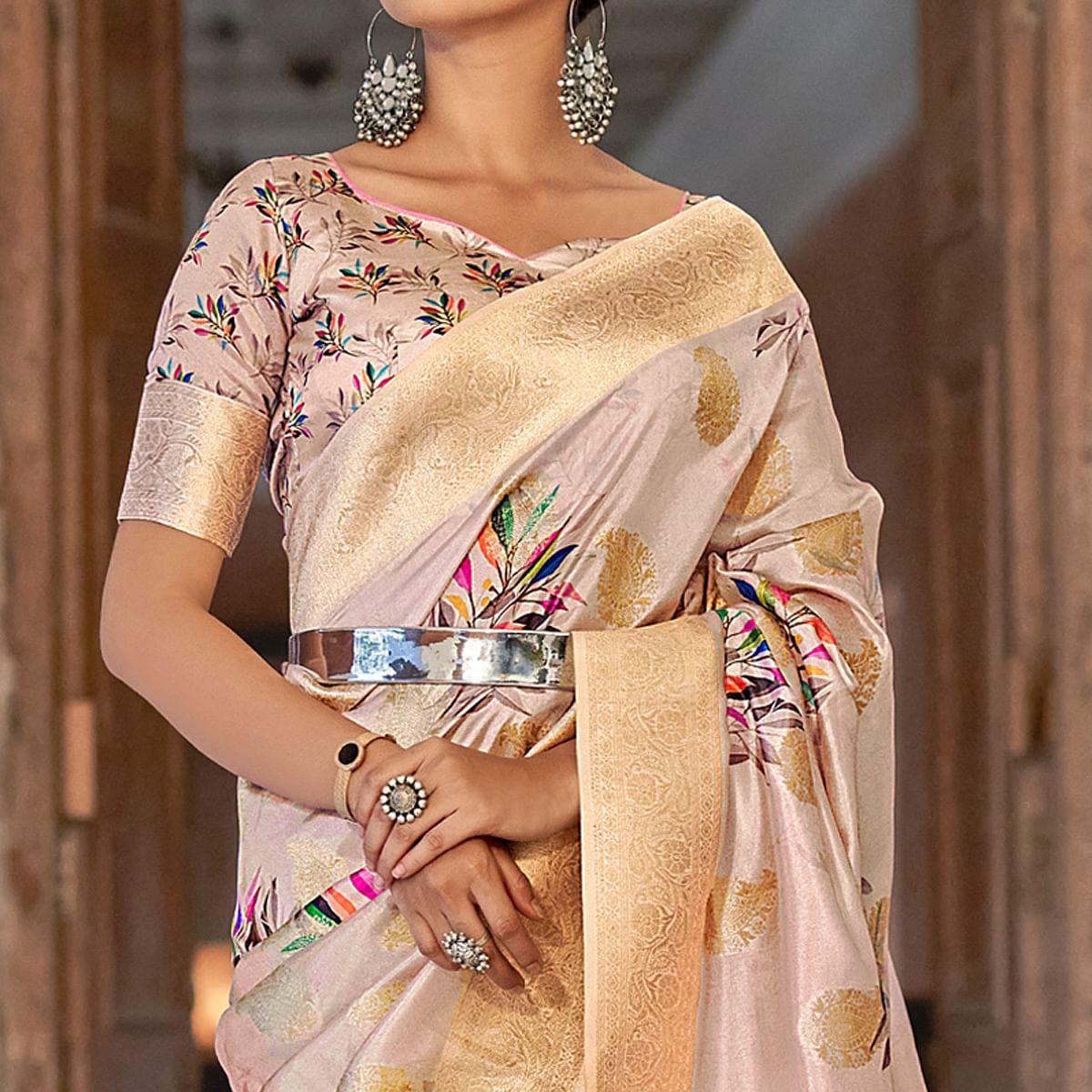 Peach Festive Wear Floral Printed With Woven With Woven Jacquard Saree - Peachmode