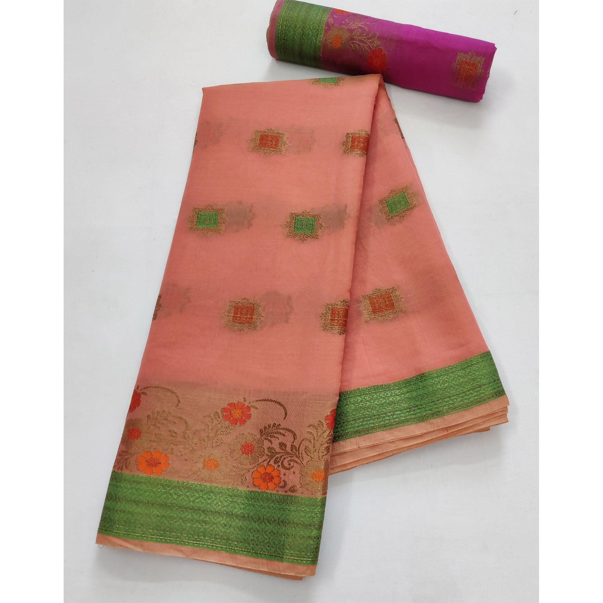 Peach Festive Wear Floral Woven Border With Butta Work Cotton Saree - Peachmode
