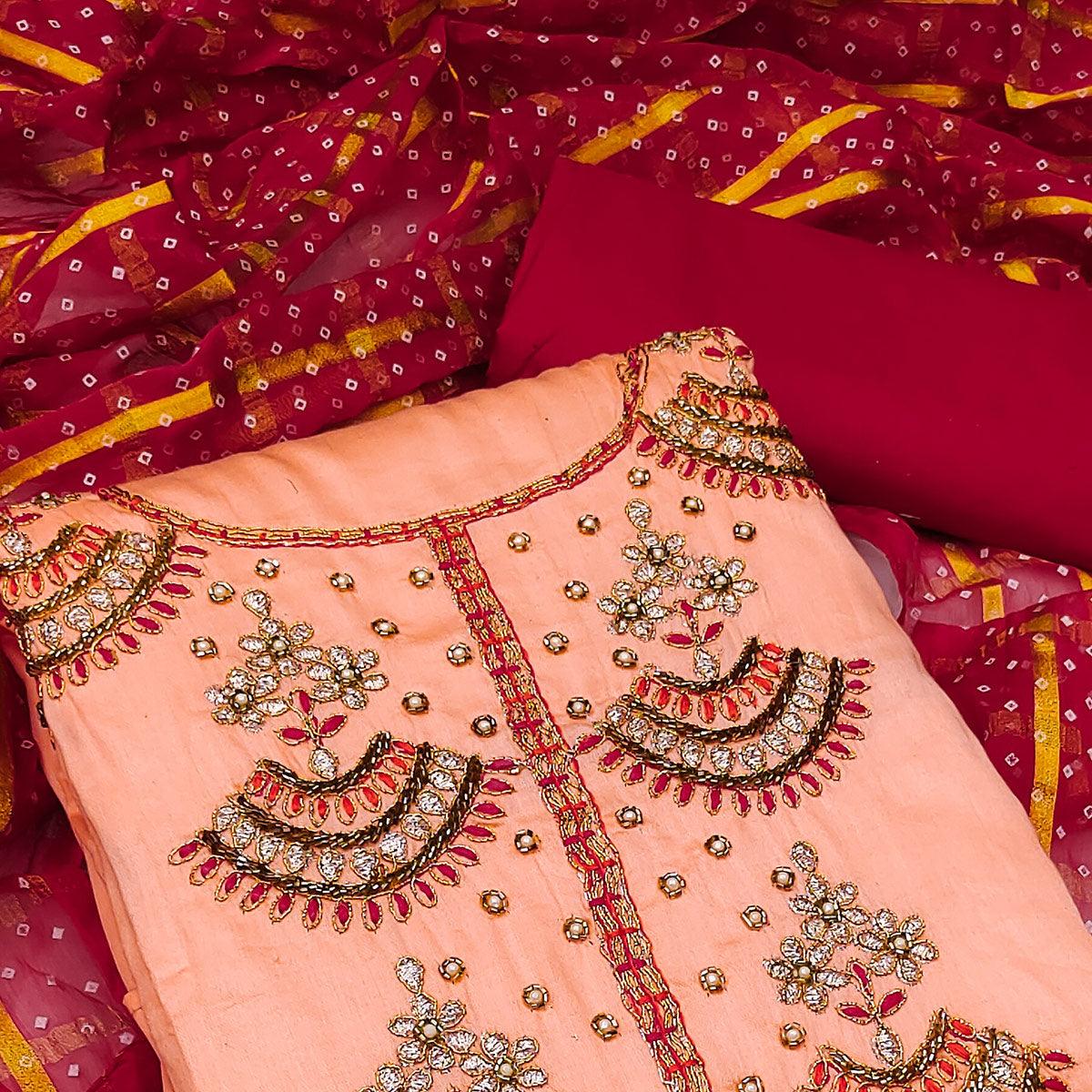 Peach Festive Wear Gota With Embellished Handwrok Cotton Dress Material - Peachmode