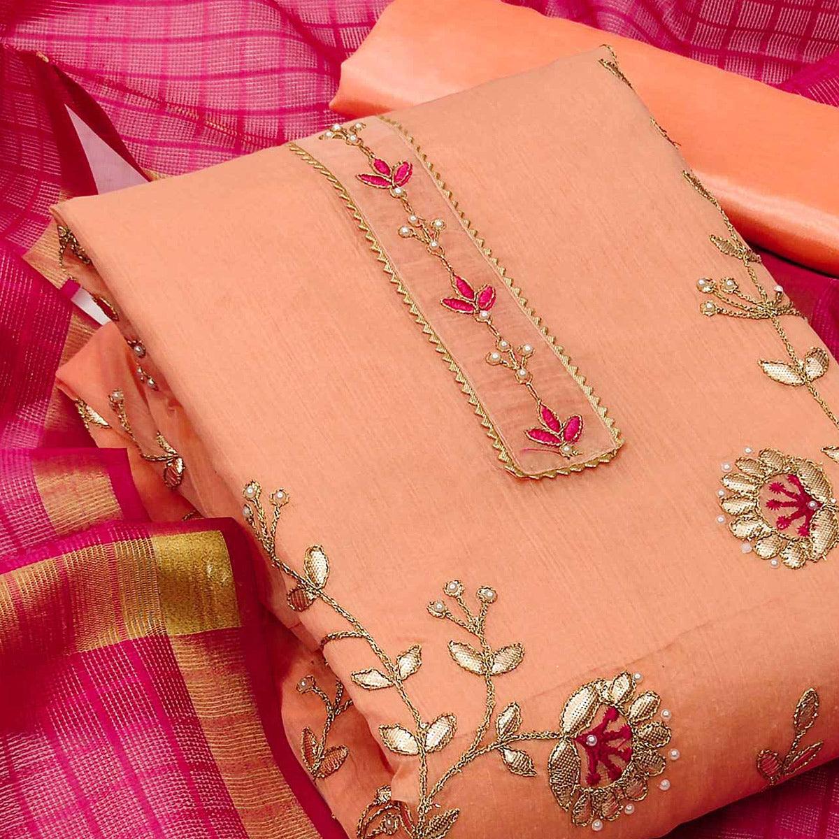 Peach Festive Wear Hand Butta Work Modal Chanderi Dress Material - Peachmode