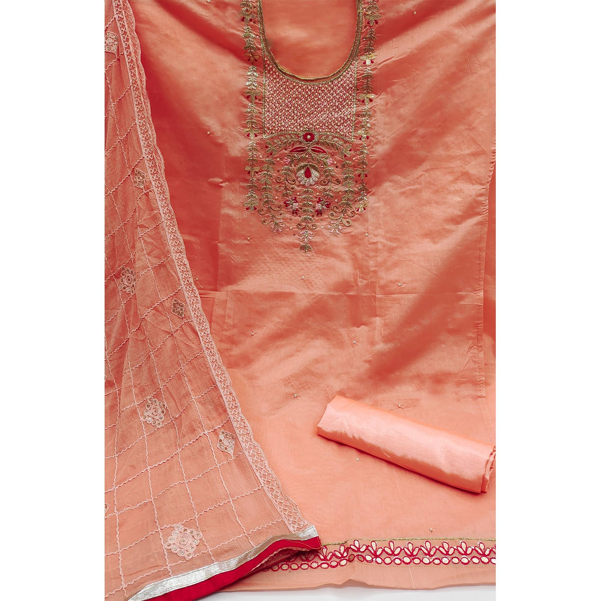 Peach Festive Wear Hand Work Modal Chanderi Dress Material - Peachmode