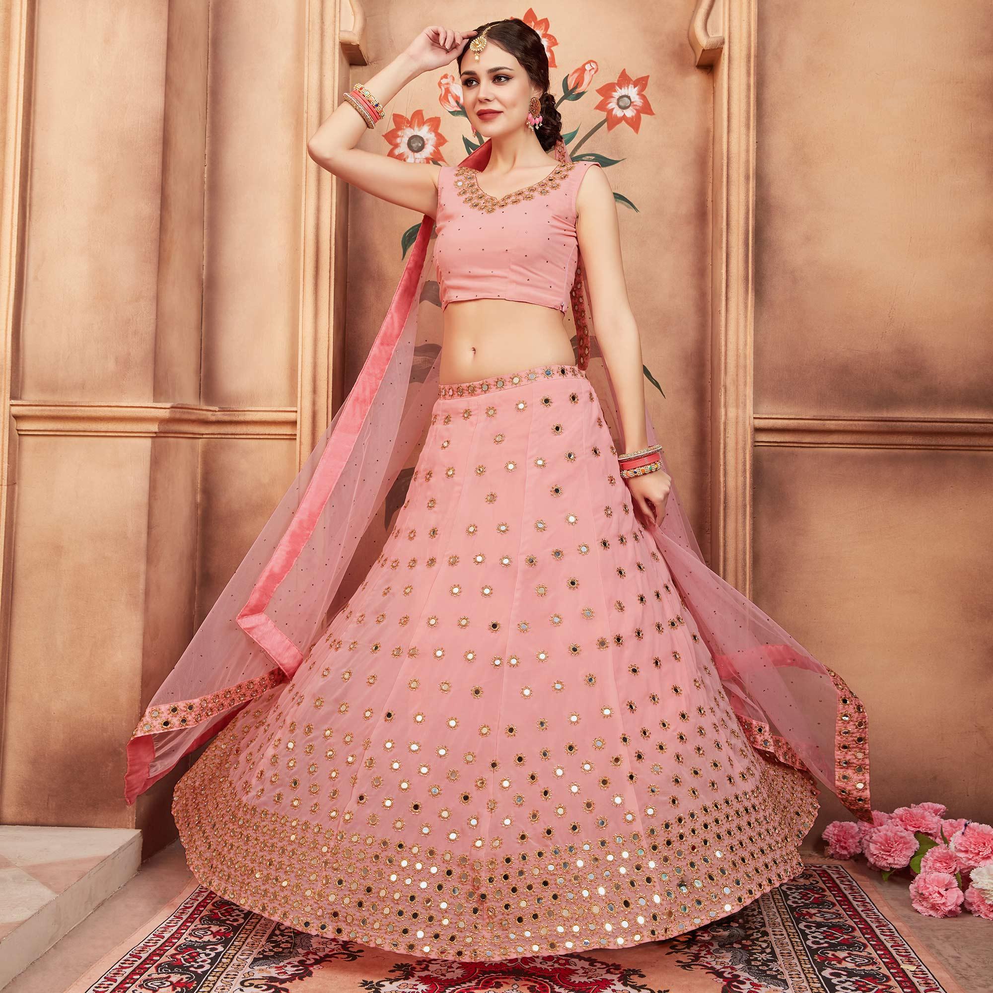 Peach Festive Wear Mirror Zari Sequence Work Georgette Lehenga Choli - Peachmode