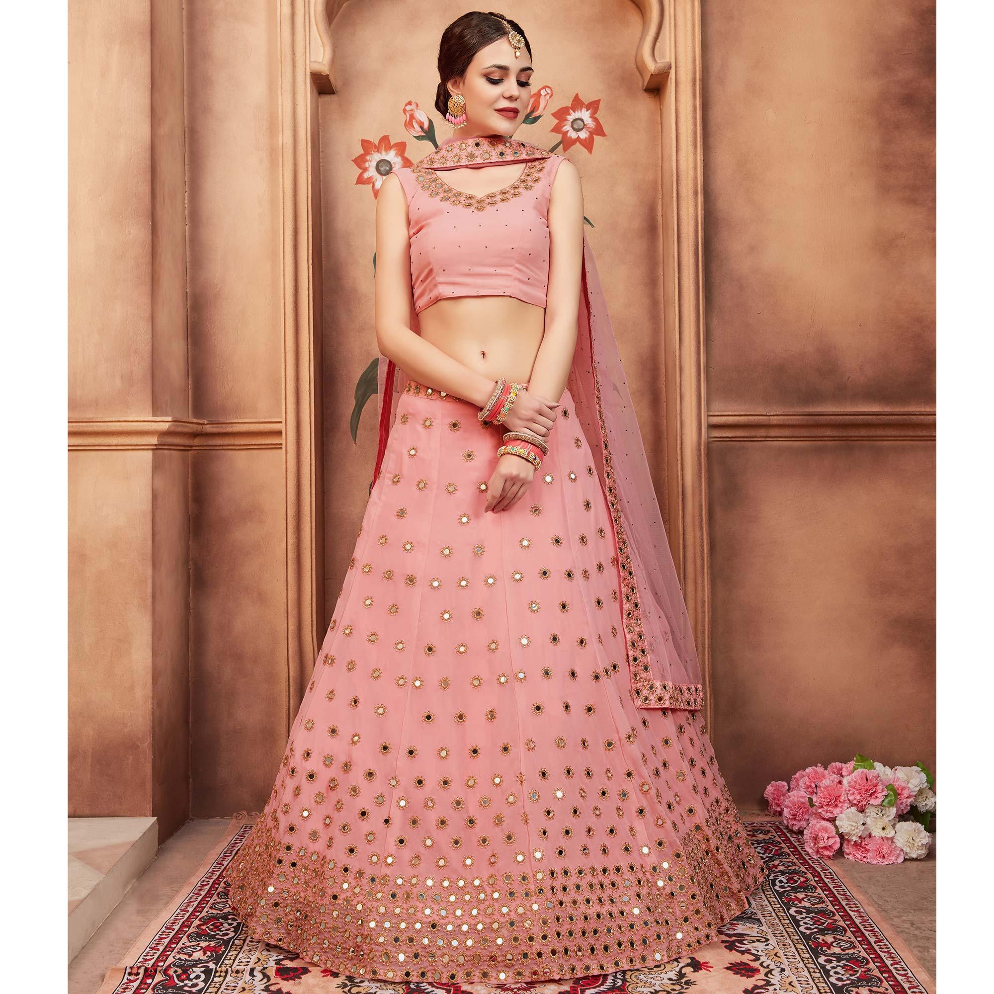Peach Festive Wear Mirror Zari Sequence Work Georgette Lehenga Choli - Peachmode