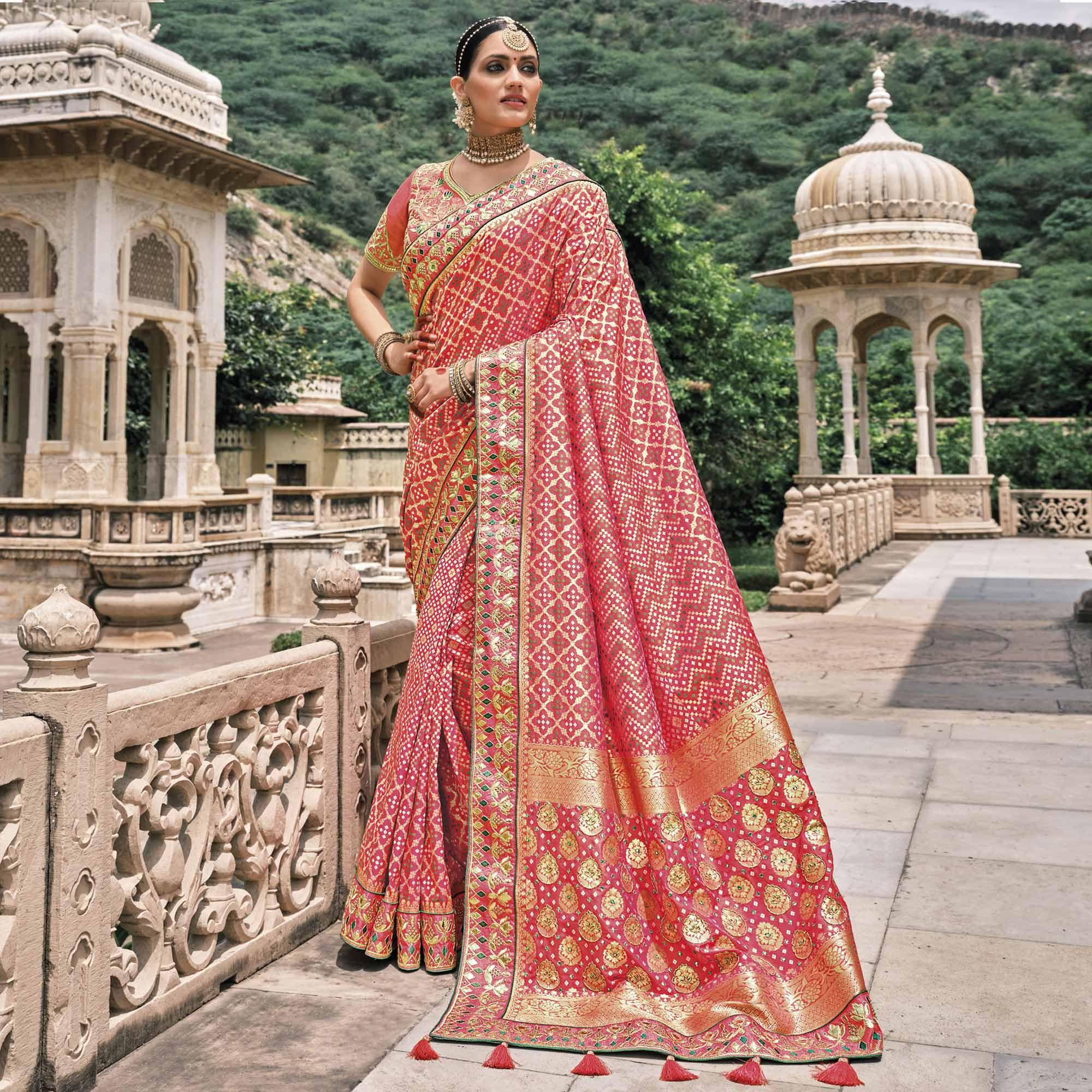 Peach Festive Wear Plain & Hand Work Pure Silk Saree - Peachmode