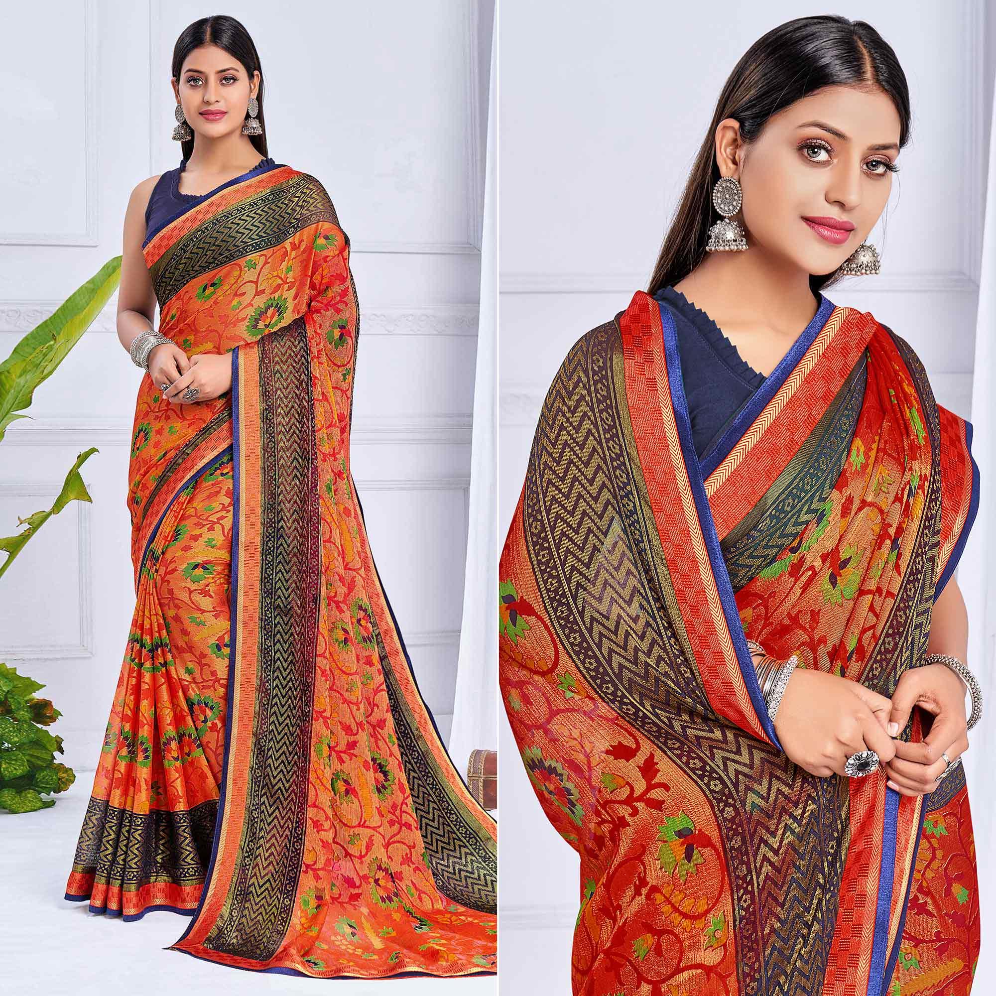 Peach Festive Wear Printed Brasso Saree - Peachmode
