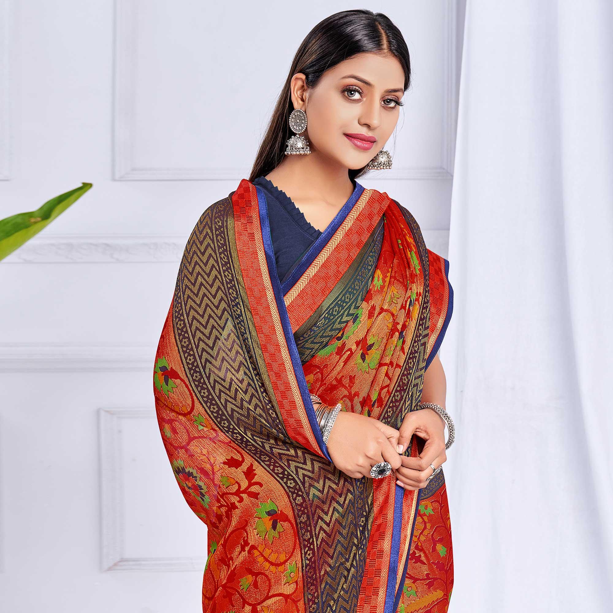 Peach Festive Wear Printed Brasso Saree - Peachmode
