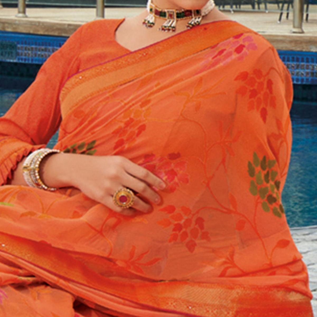 Peach Festive Wear Printed Brasso Saree - Peachmode