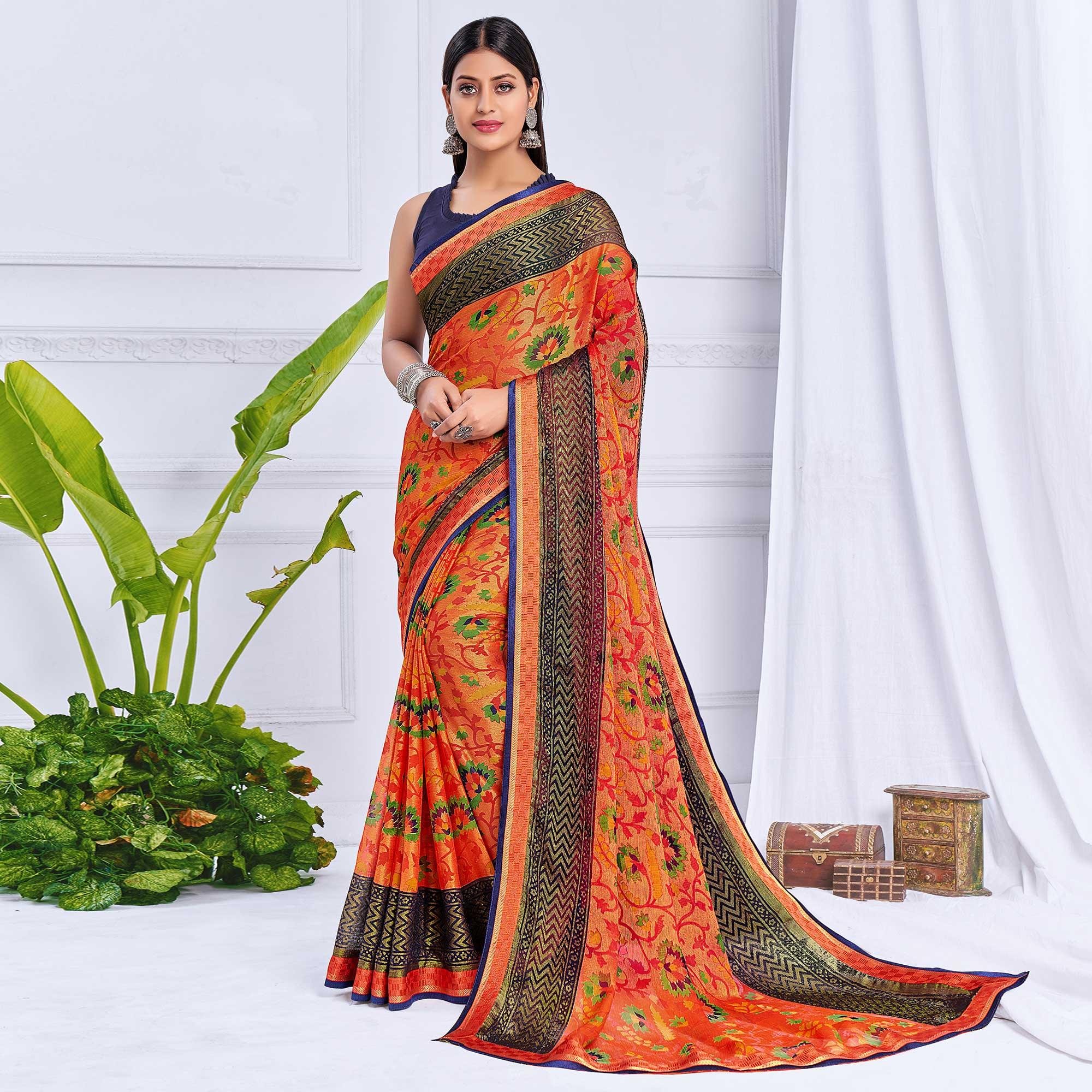 Peach Festive Wear Printed Brasso Saree - Peachmode