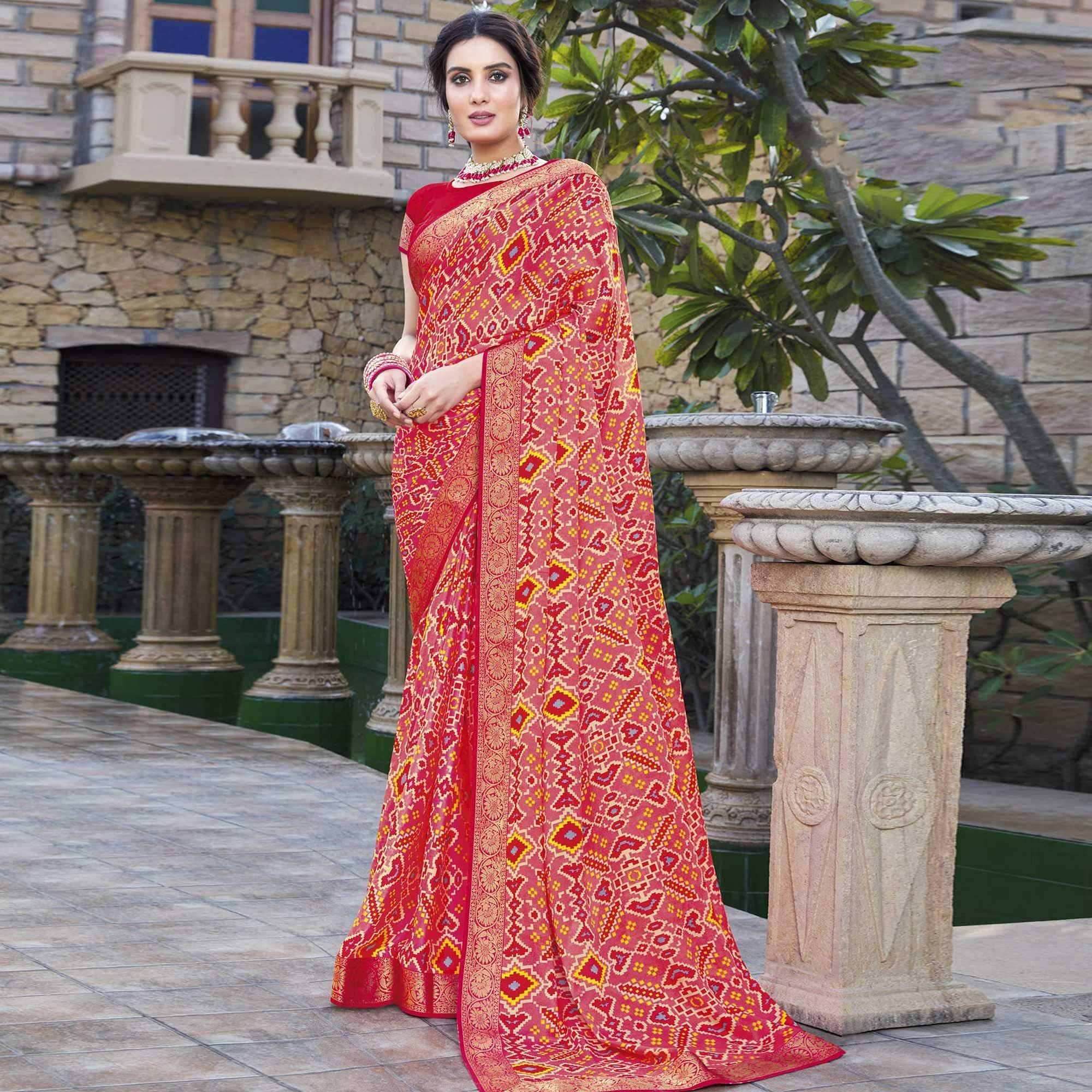 Peach Festive Wear Printed Chiffon Saree - Peachmode