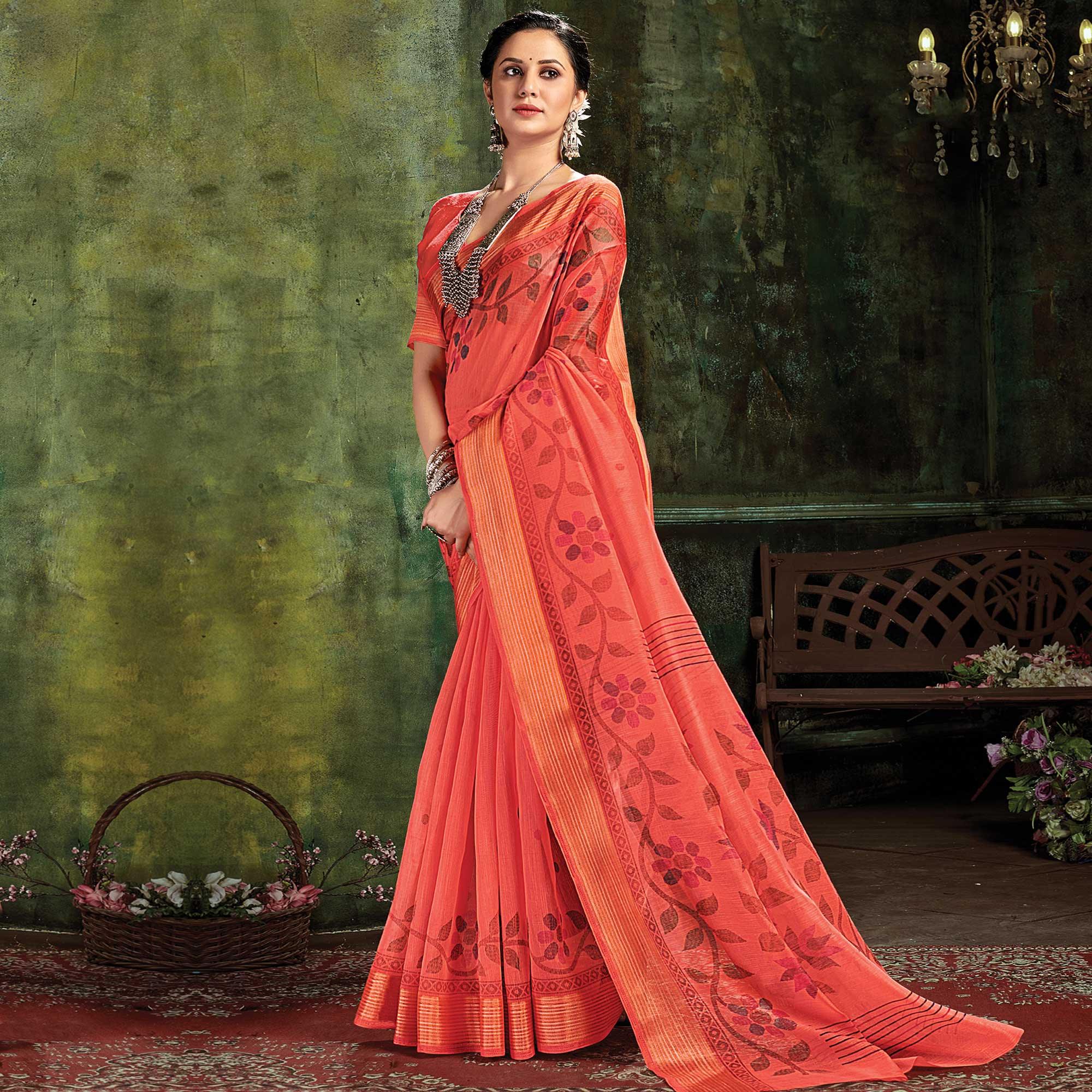 Peach Festive Wear Printed Cotton Saree - Peachmode